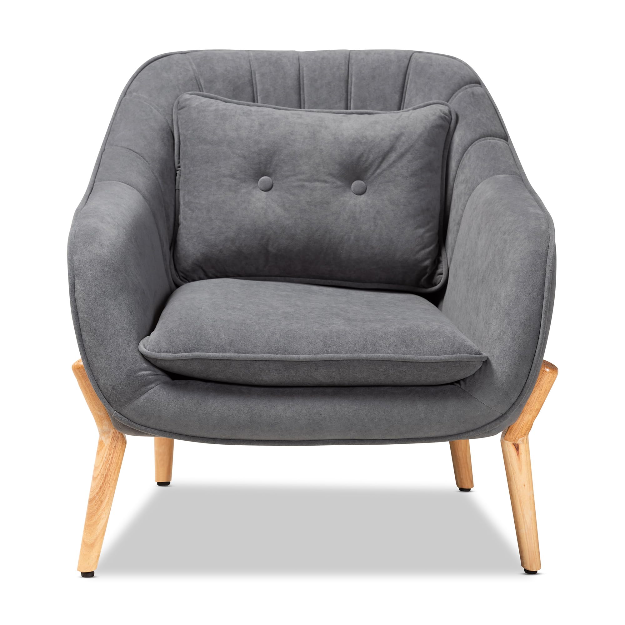 Baxton Studio Valentina Mid-Century Modern Transitional Grey Velvet Fabric Upholstered and Natural Wood Finished Armchair