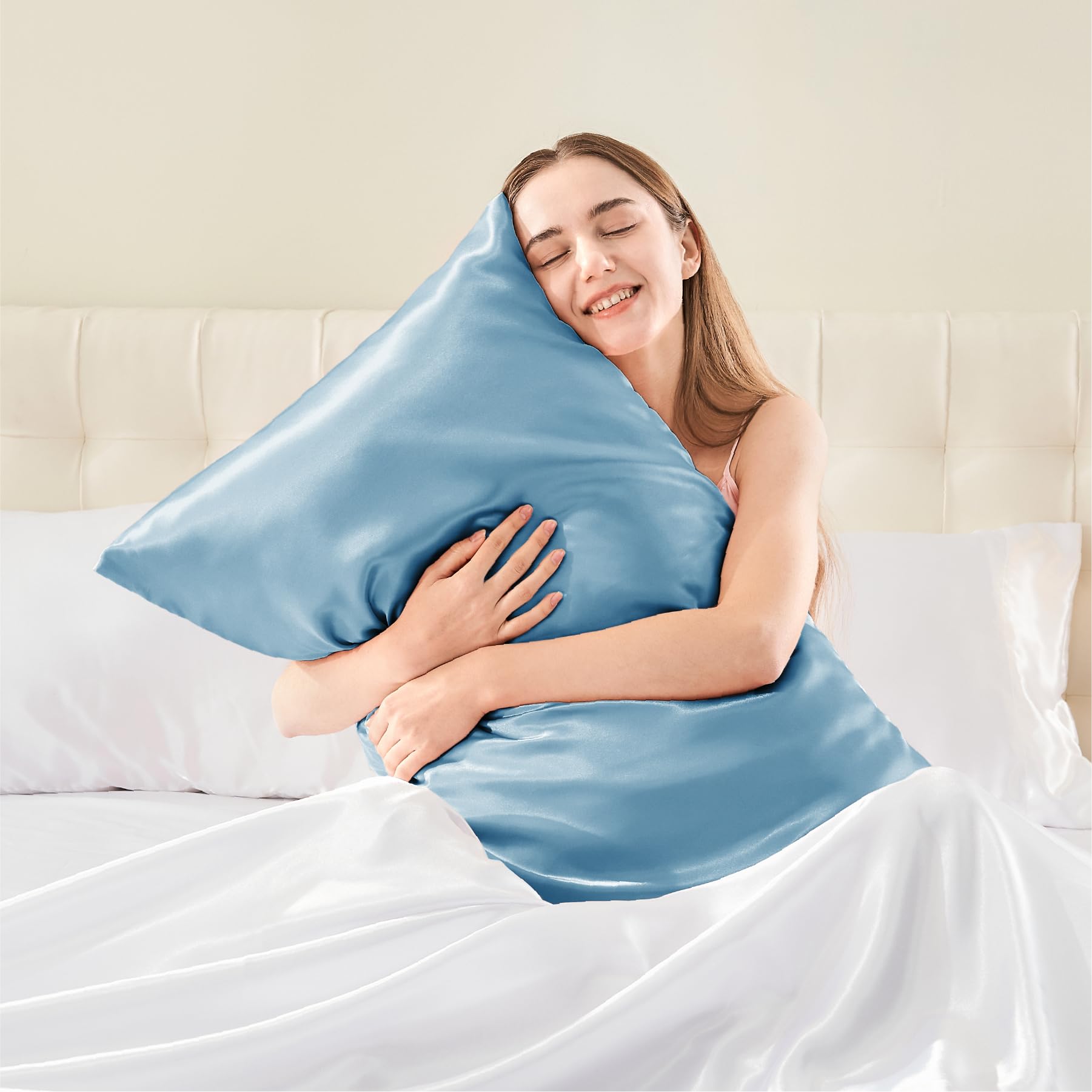 Bedelite Satin Pillowcase With Zipper, Blue Pillow Cases Queen Size Set Of 2, Super Soft And Cooling Similar To Silk Pillow Case