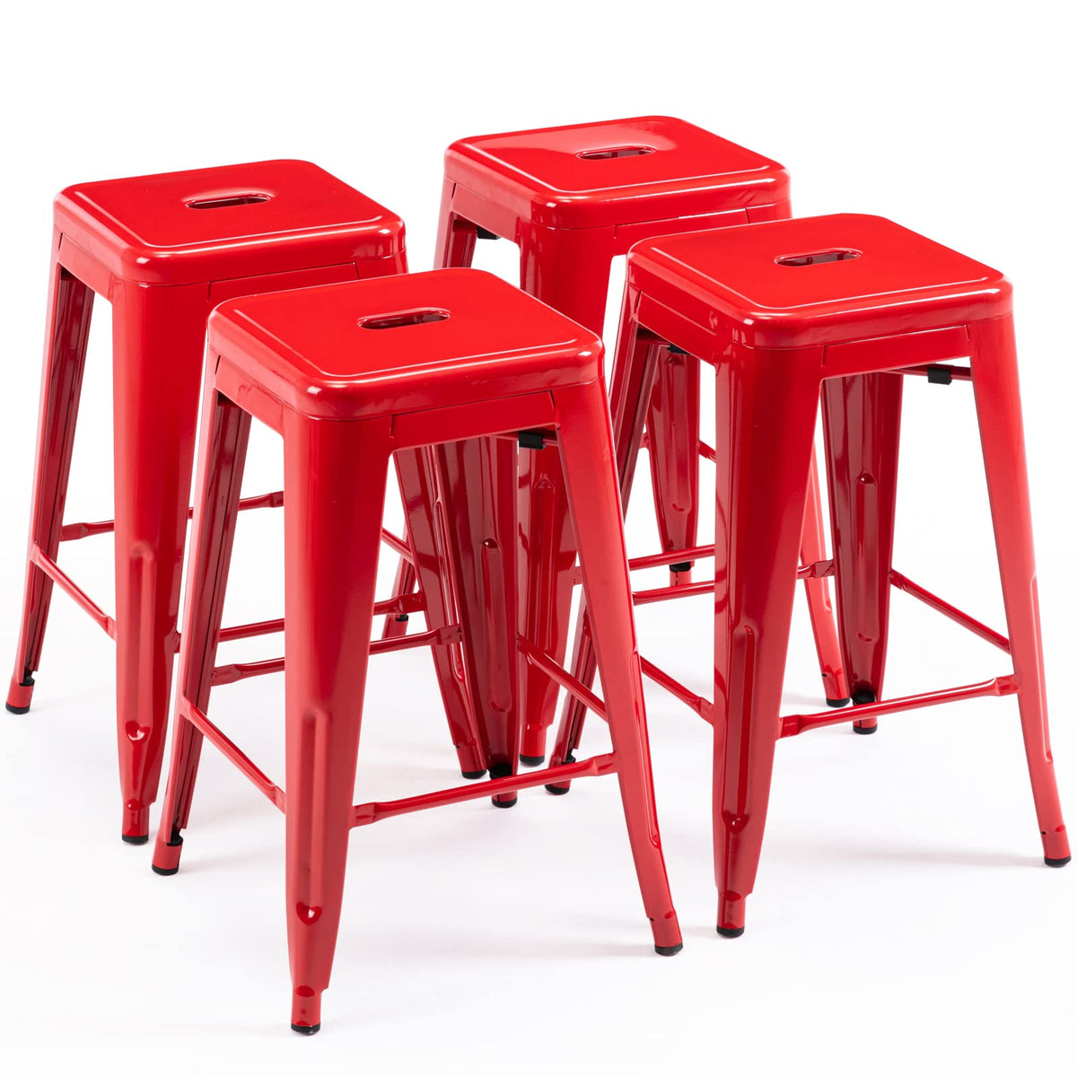Vogue Furniture Direct 24' High Bar Stools Backless Red Metal Barstools Indoor-Outdoor Counter Height Stools With Square Seat, Set Of 4