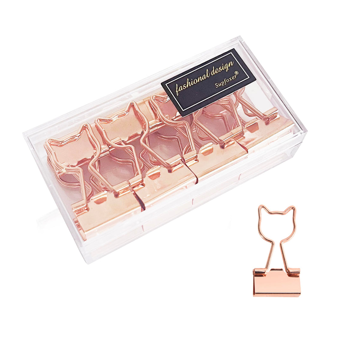 Binder Clips,Rose Gold Metal Clips With Cute Cat Shaped 3/4-Inch Small Binder Clips Office Supply For Cat Lovers (12Pcs)