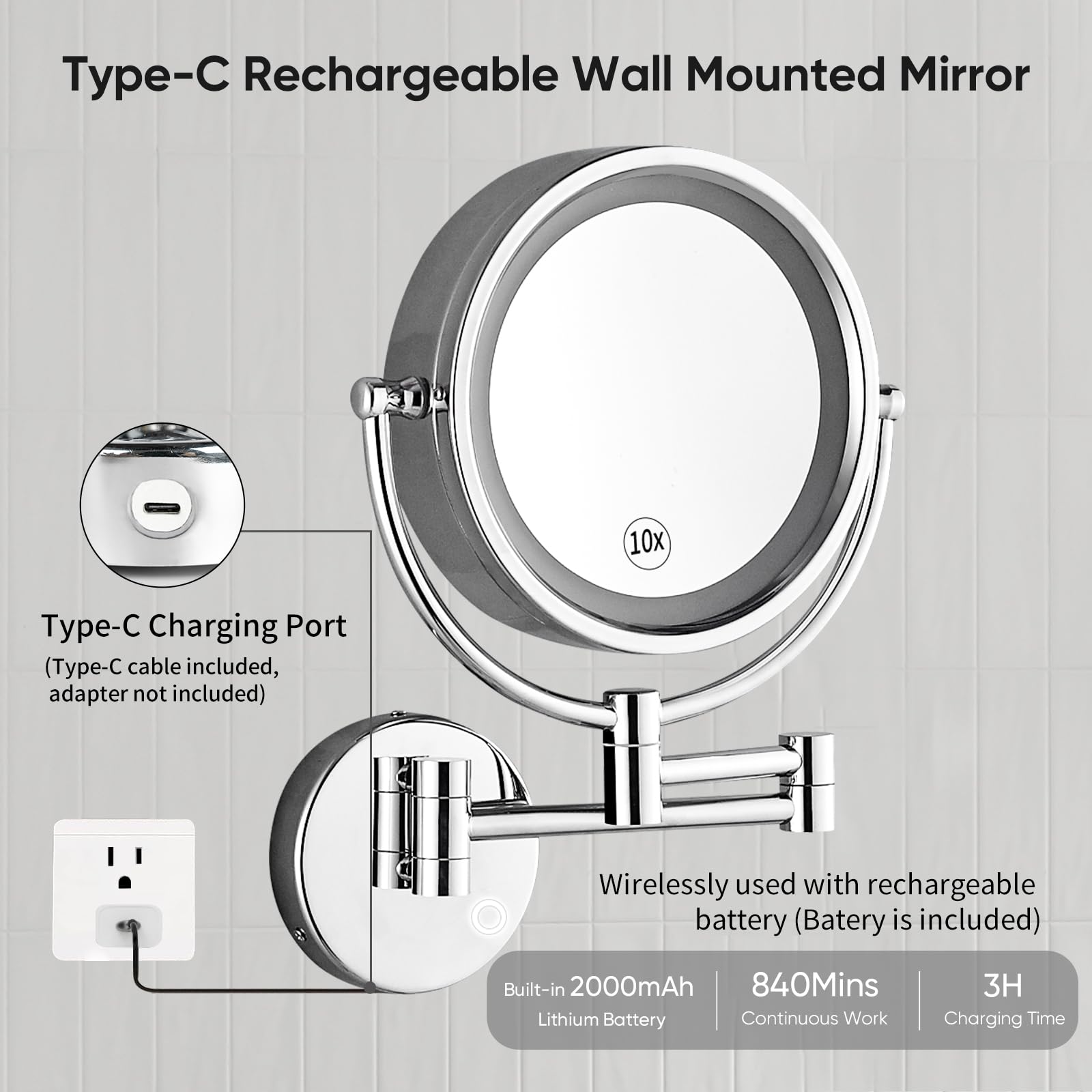 Gurun 8.5 Inch Magnifying Makeup Mirror With 3 Tones Dimmable Led Lights Double Sided Touch Control Rechargeable Vanity Mirror F