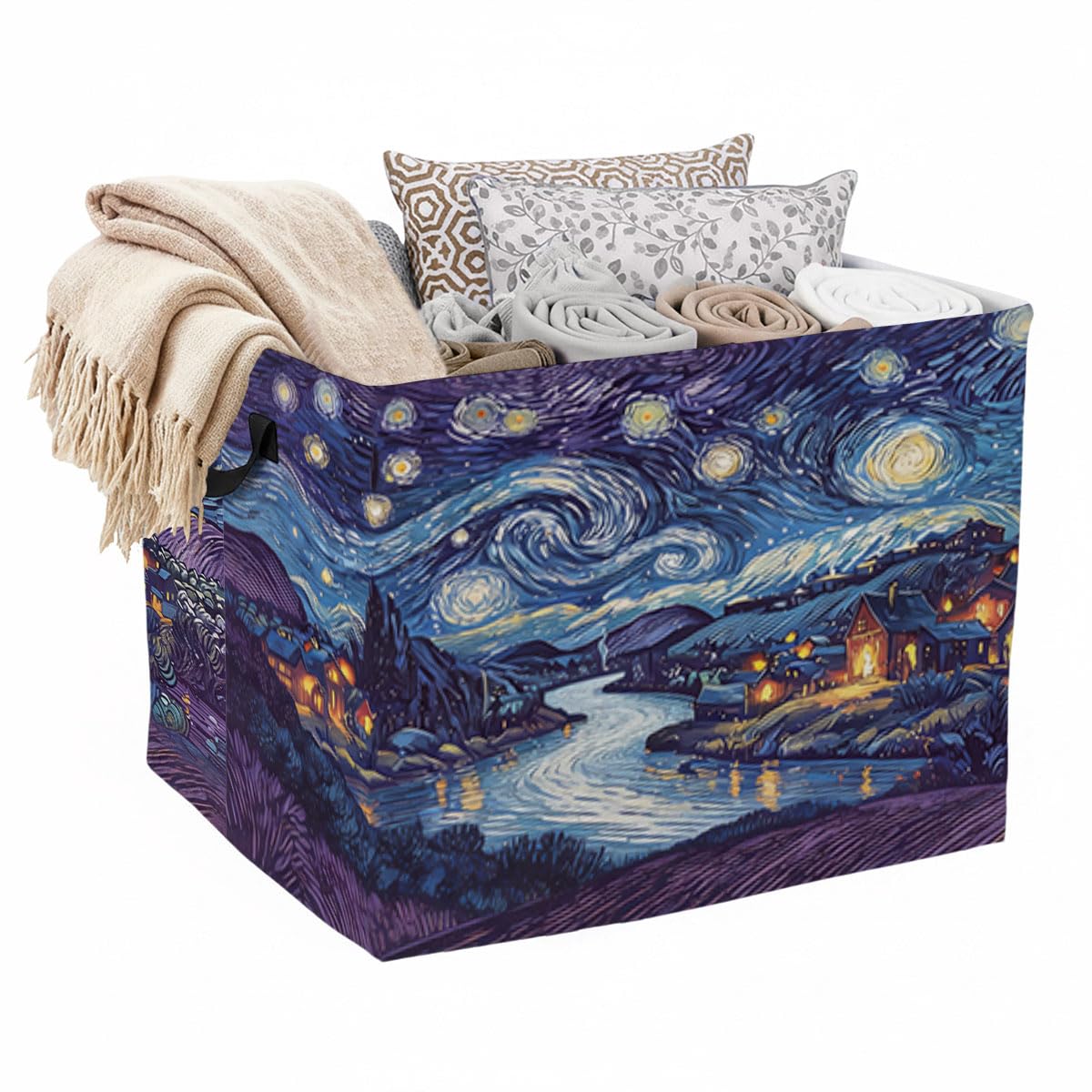 Starry Night Stars Laundry Hamper with Handles,Large 56L Foldable Square Clothes Basket MultiUse Blanket Storage Bins for Organ