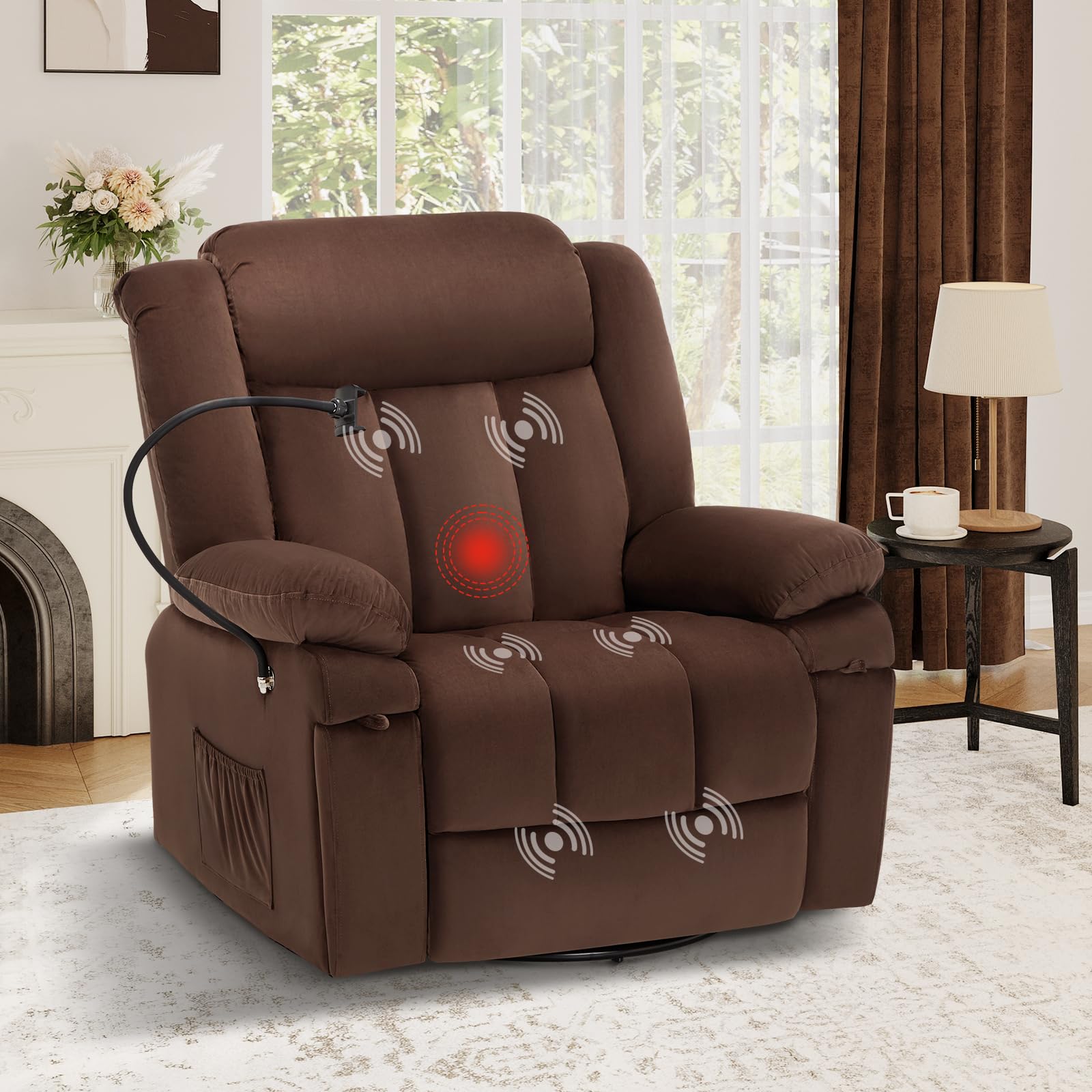 COLAMY Swivel Rocking Recliner, Glider Sofa Chair with with Phone Stand,Massage Function,Heating,Ideal for Living Room, Office, 