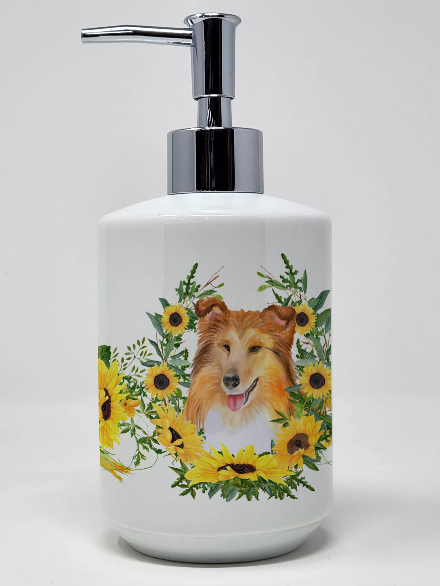 Caroline's Treasures CK2912SOAP Sheltie in Sunflowers Ceramic Soap Dispenser Hand Soap Dispenser Pump Bottles for Bathroom Kitch