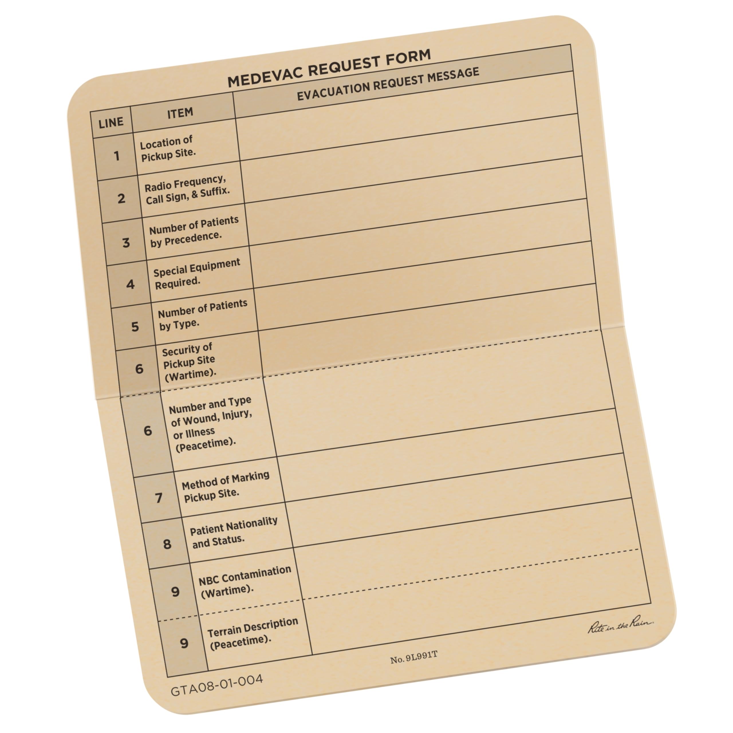 Rite In The Rain All-Weather Combat Card, 9-Line Medevac, 6' X 5', 50 Weatherproof Cards (No. 9L991T)