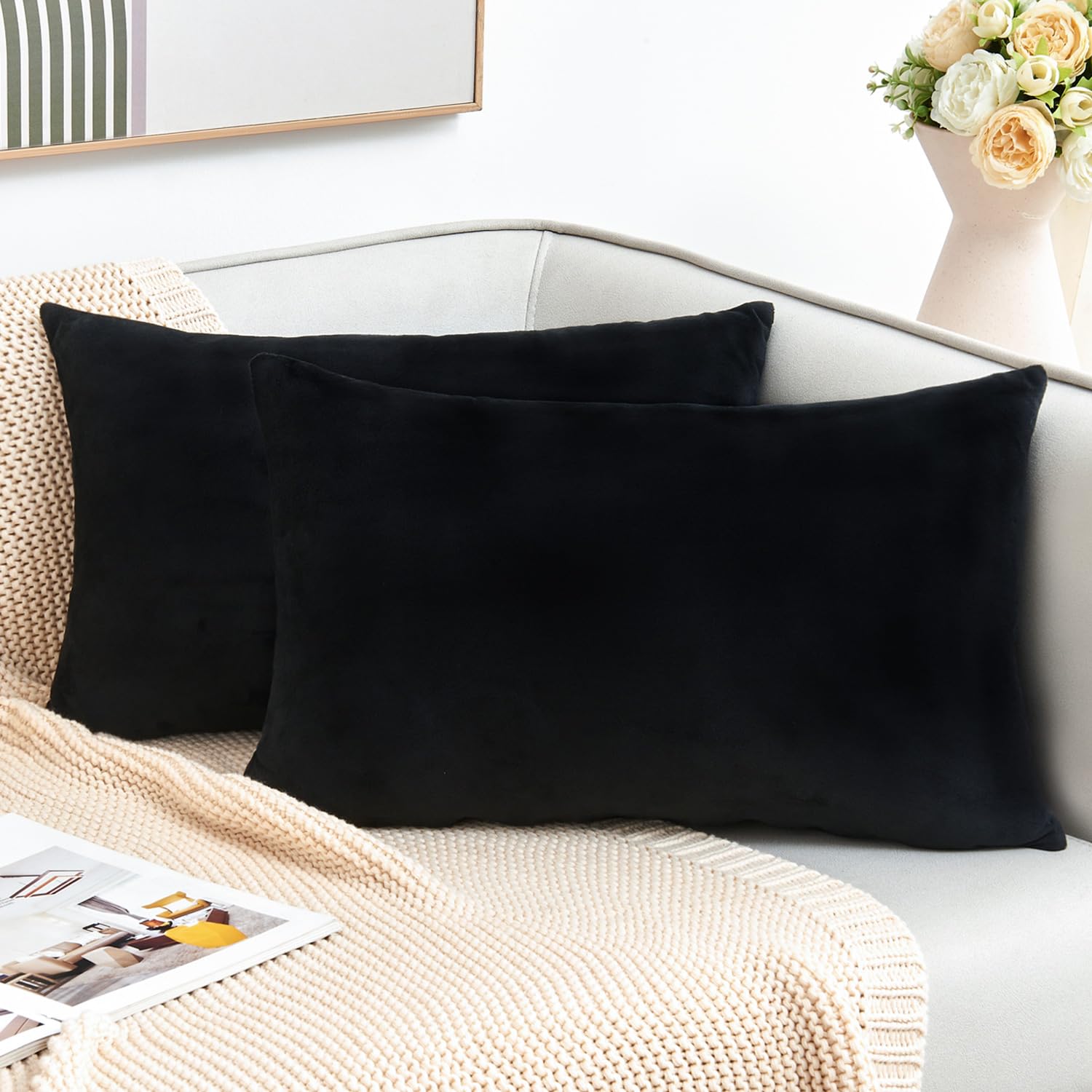 Grineed Throw Pillow Covers Decorative Velvet Set Of 2 12X20 Inch Pillow Covers, Soft Black Lumbar Pillowcases For Couch Sofa Be