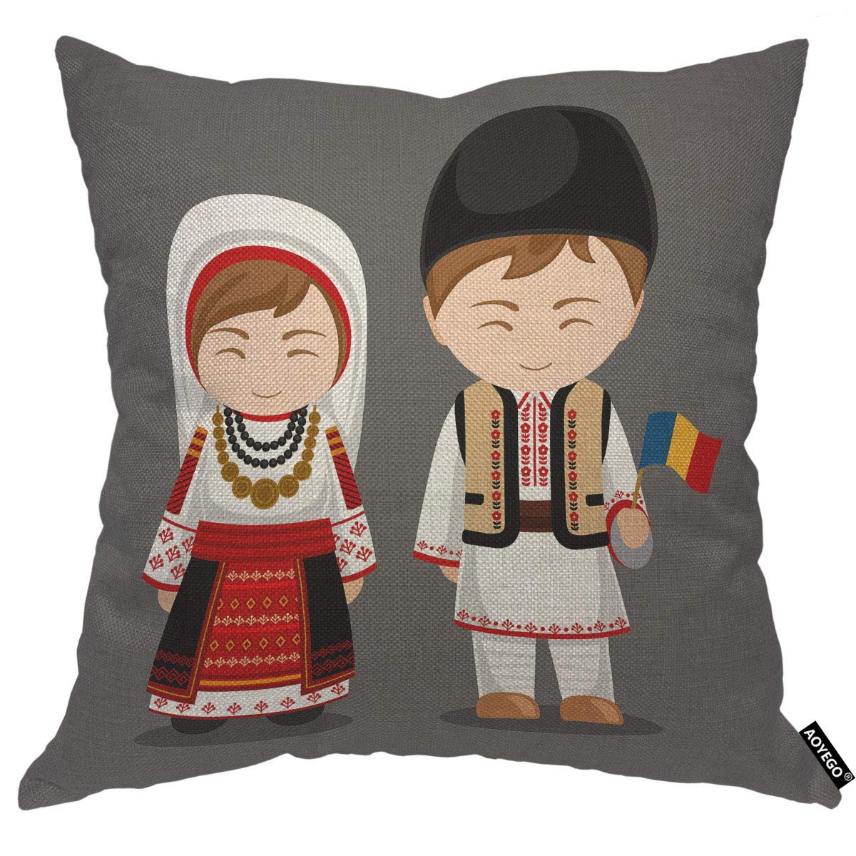 Aoyego Romanians Throw Pillow Cover Couple Folk Flag Smile Man And Woman Traditional Costume Cartoon Pillow Case 18X18 Inch Deco