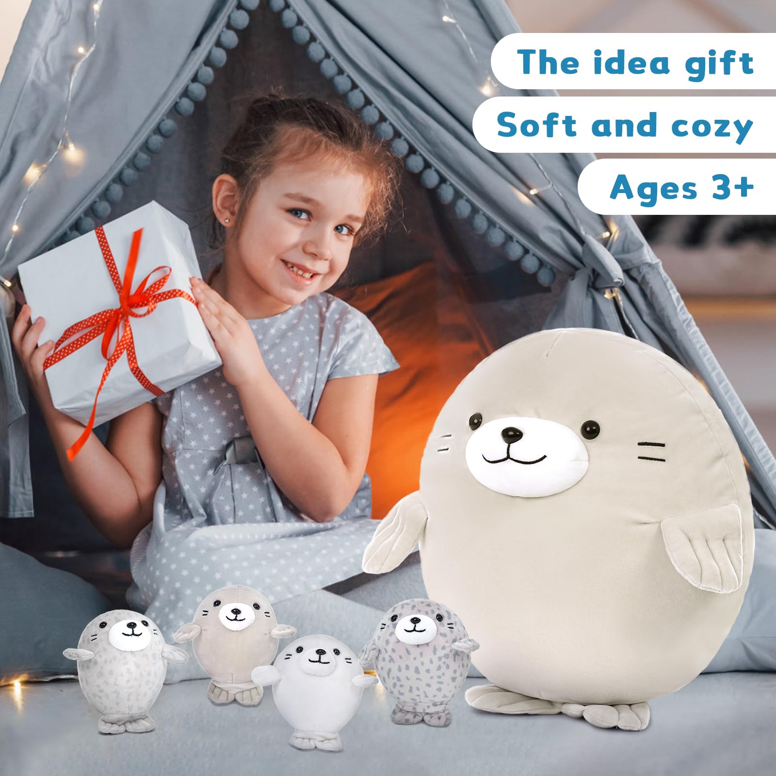 Maogolan 5Pcs Fat Seal Plush With 4 Babies Inside - 20 ' Giant Ultra Soft Seal Stuffed Animal Throw Pillow - Squishy Mother-Bab