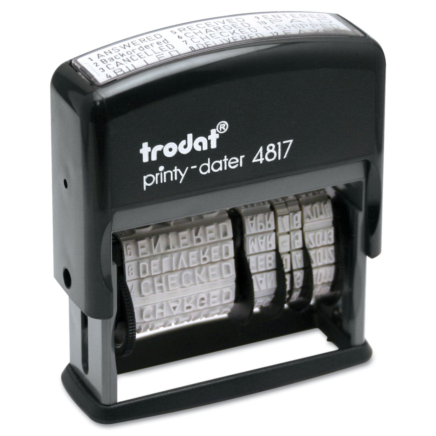 Trodat E4817 Trodat Economy 12-Message Stamp, Dater, Self-Inking, 2 X 3/8, Black