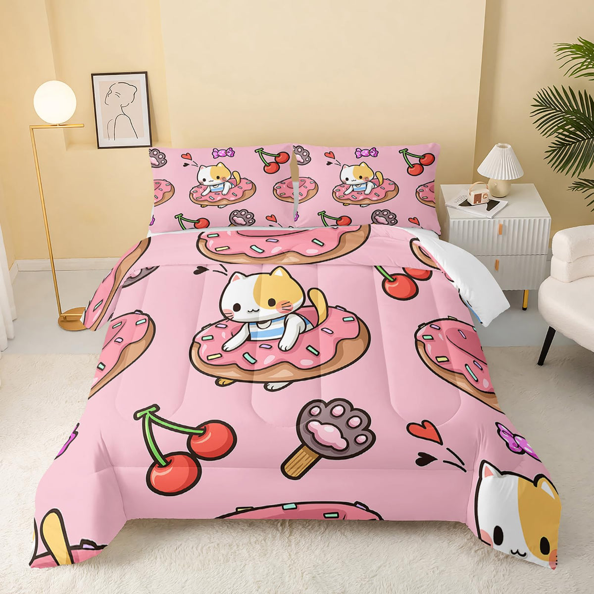Qoomo Kawaii Cat Comforter Queen Size,Doughnut Cherry Cat Comforter Set For Kids Teens Girls,3Pcs Bedding Set Printed Comforter