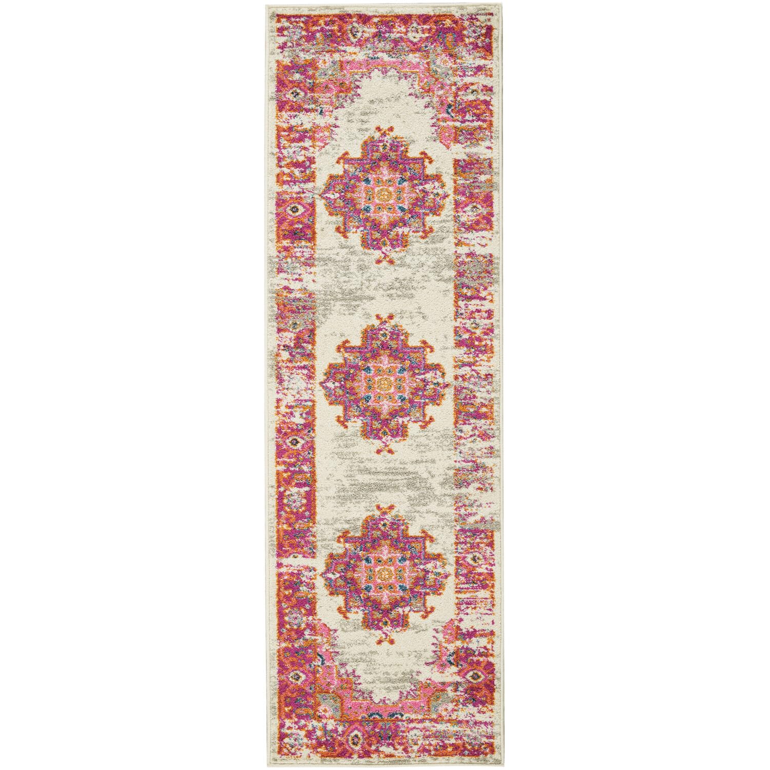 Nourison Passion Ivory/Fuchsia 1'10' X 6' Area Rug, Boho, Traditional, Easy Cleaning, Non Shedding, Bed Room, Living Room, Hall