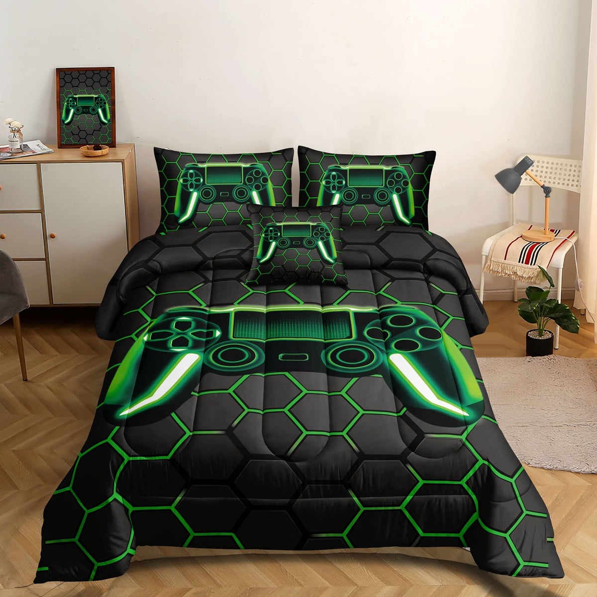 Rowadalo 6 Pieces Gaming Bedding Set For Boys Gamer Comforter Set Queen Size,Video Game Comforter For Kids Adult 3D Gaming Geome