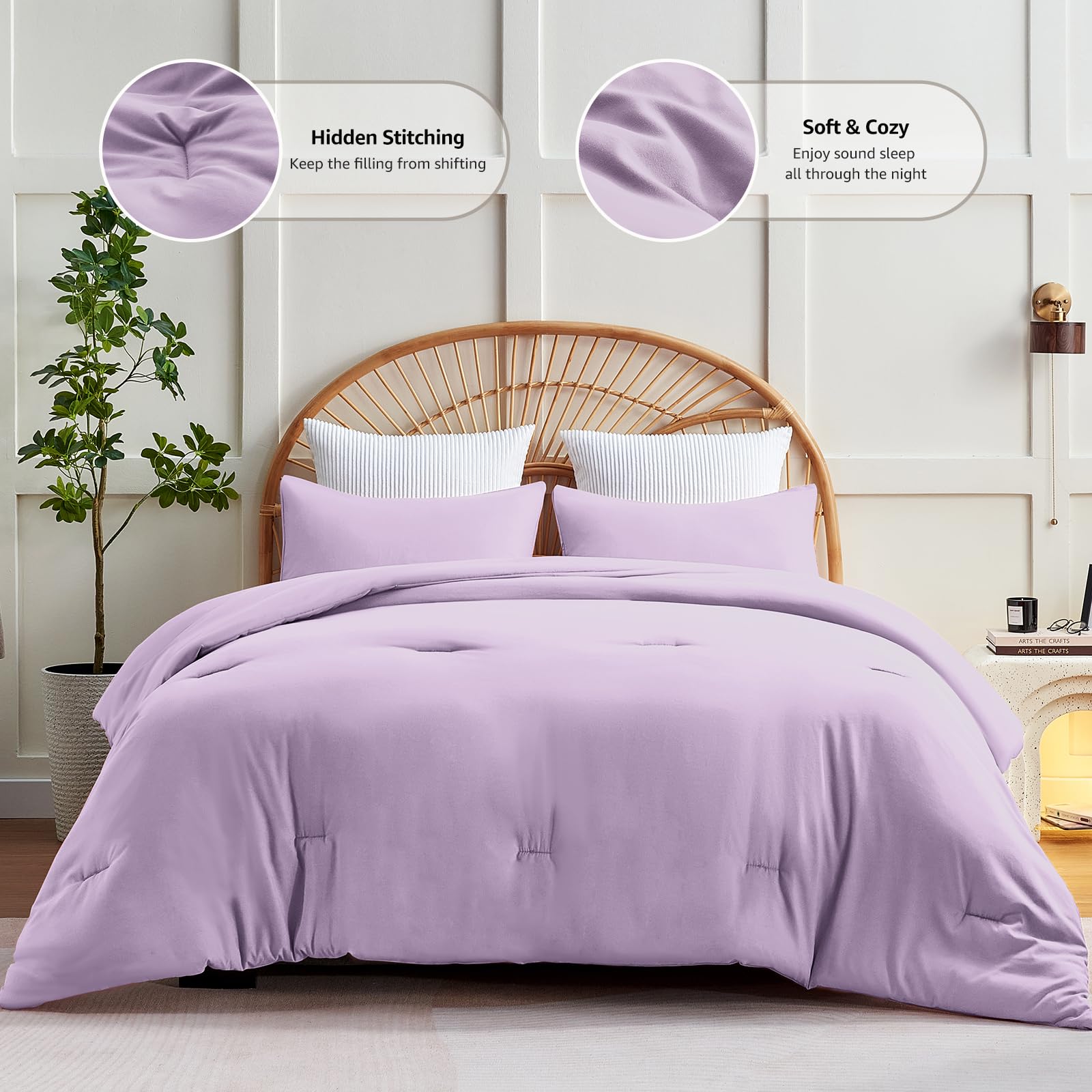 Cozylux Lavender Purple Comforter Set Full Size, 3 Pieces Solid Breathable Quilted Boho Style Bedding Sets, Luxury Fluffy Soft Microfiber Comforter For All Season(1 Comforter & 2 Pillowcases)