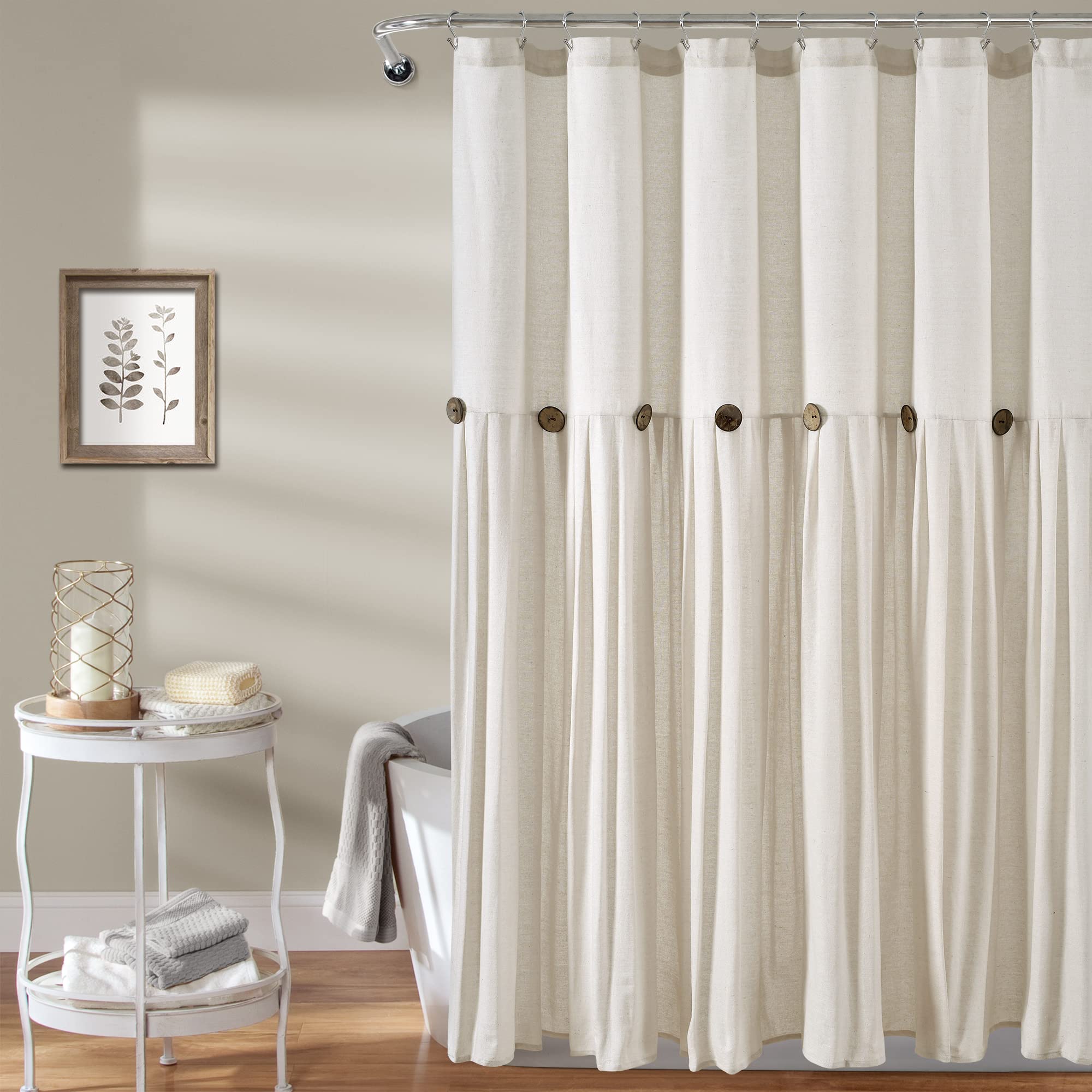 Lush Decor Linen Button Shower Curtain, 72 W x 84 L, Off White - Extra Long Shower Curtains - White Shower Curtain Fabric - Farm