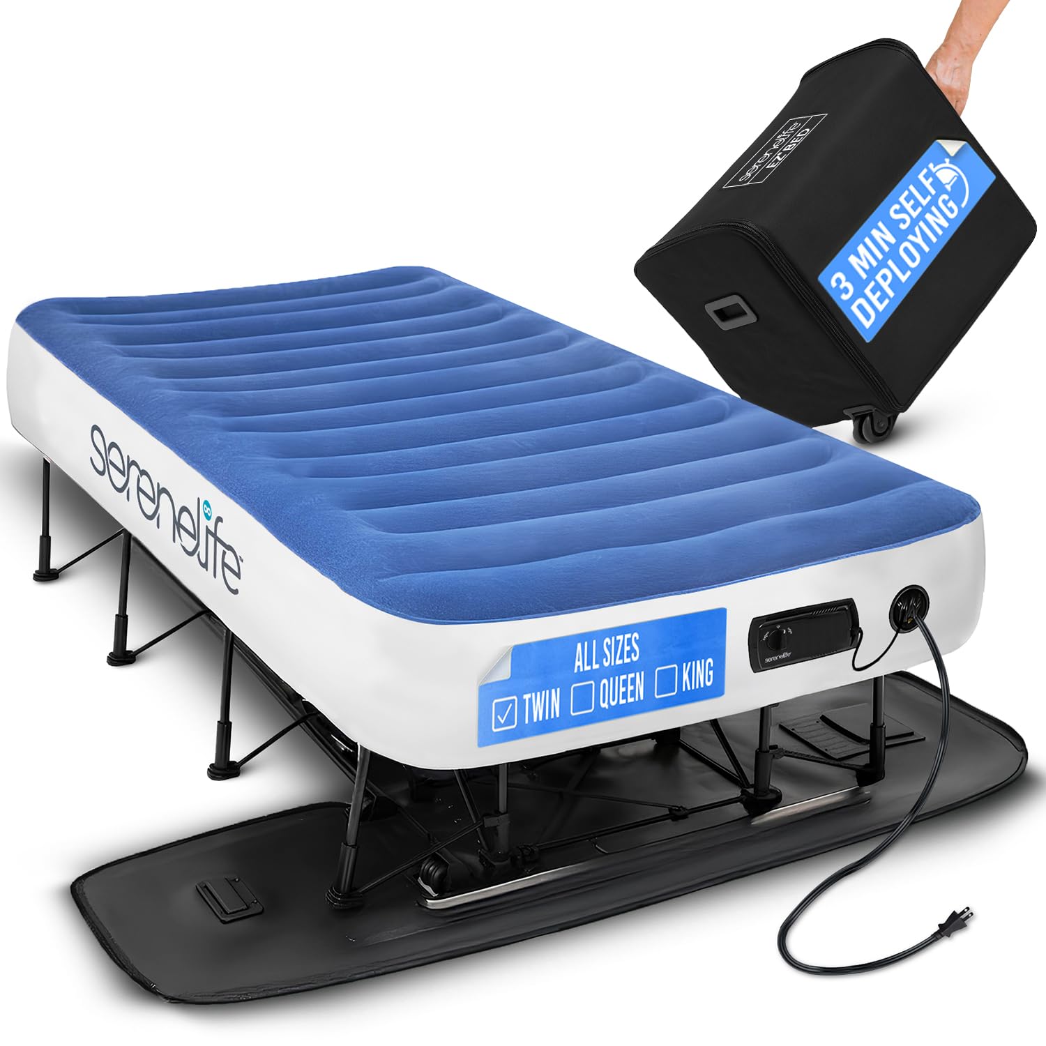 SereneLife EZ Bed Air Mattress with Frame and Rolling Case, Self-Inflating Airbed with Built in Pump for Travel and Hosting, Twi
