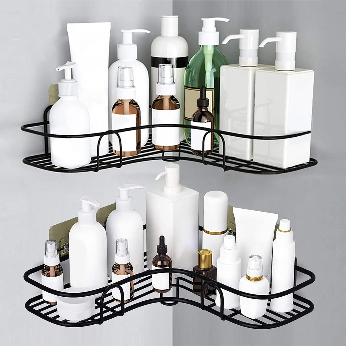 Story@Home Bathroom Shelf Organizer with Magic Stickers | SelfAdhesive | LShape Corner Shower Caddy Sleek Black Powder Coated