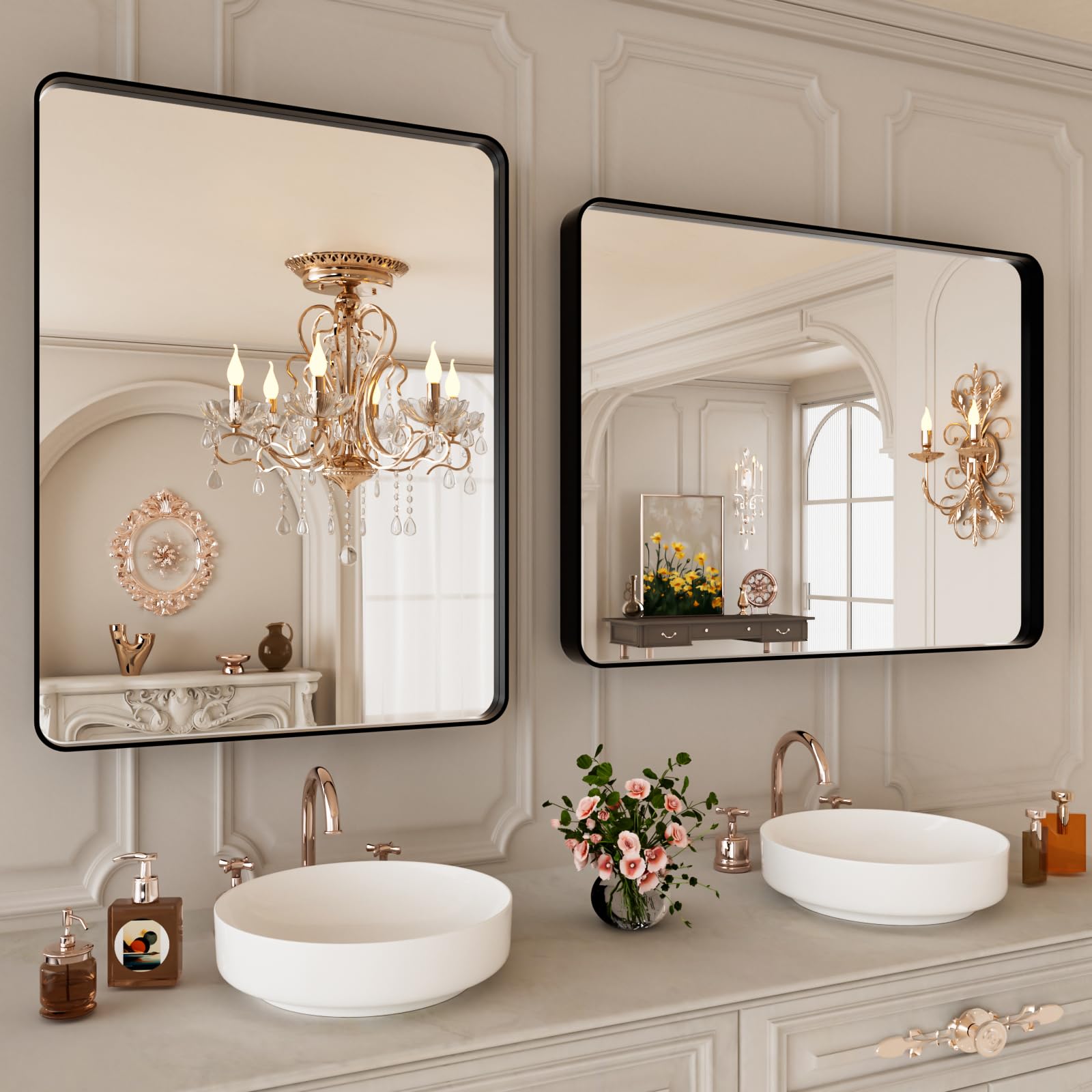 Istripmf Black Bathroom Vanity Mirror 28X36 Inch,Rounded Rectangle Matte Black Mirror For Bathroom Wall,Tempered Glass,Horizonta