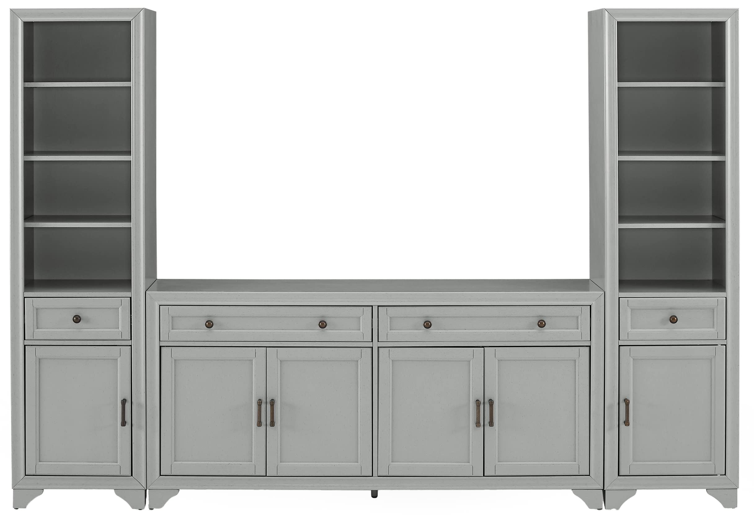 Crosley Furniture Tara 3-Piece Modern Farmhouse Sideboard Buffet Cabinet and Bookcase Set with Storage, Distressed Gray