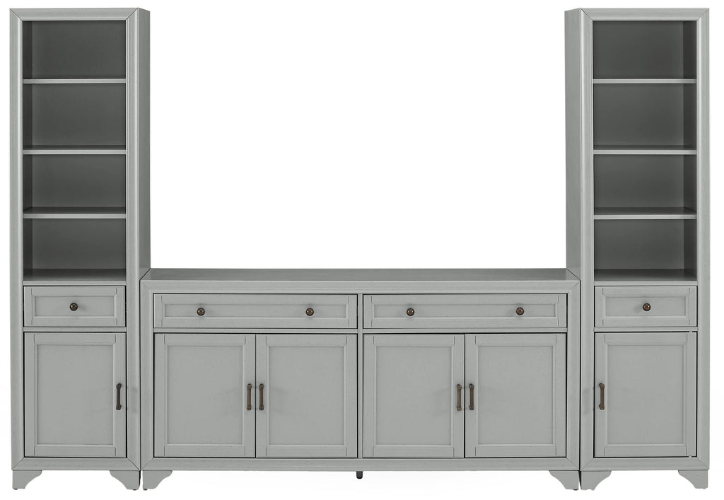 Crosley Furniture Tara 3-Piece Modern Farmhouse Sideboard Buffet Cabinet and Bookcase Set with Storage, Distressed Gray