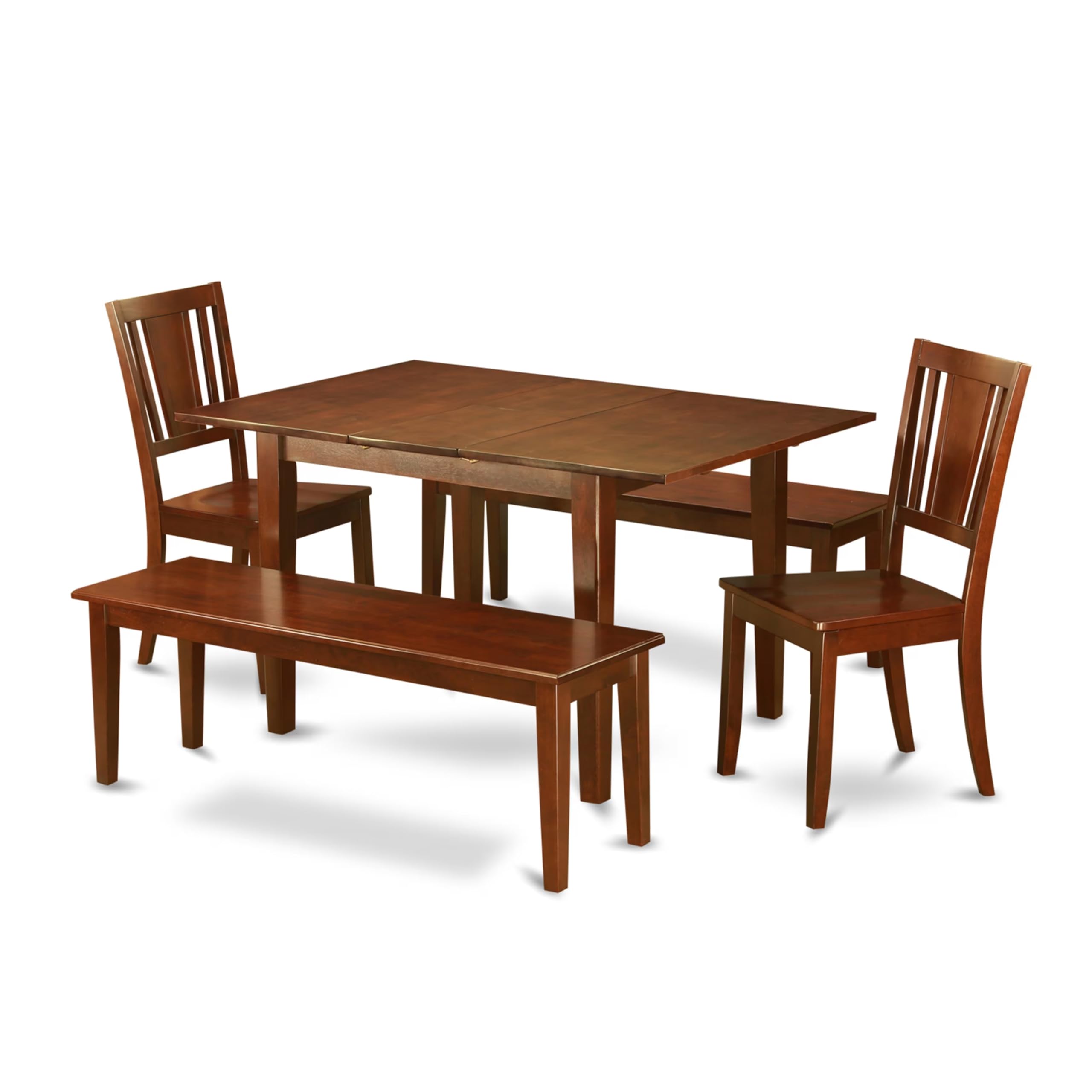 East West Furniture MLDU5D-MAH-W 5 Piece Dining Table Set for 4 Includes a Rectangle Kitchen Table with Butterfly Leaf and 2 Dining Chairs with 2 Benches, 36x54 Inch, Mahogany