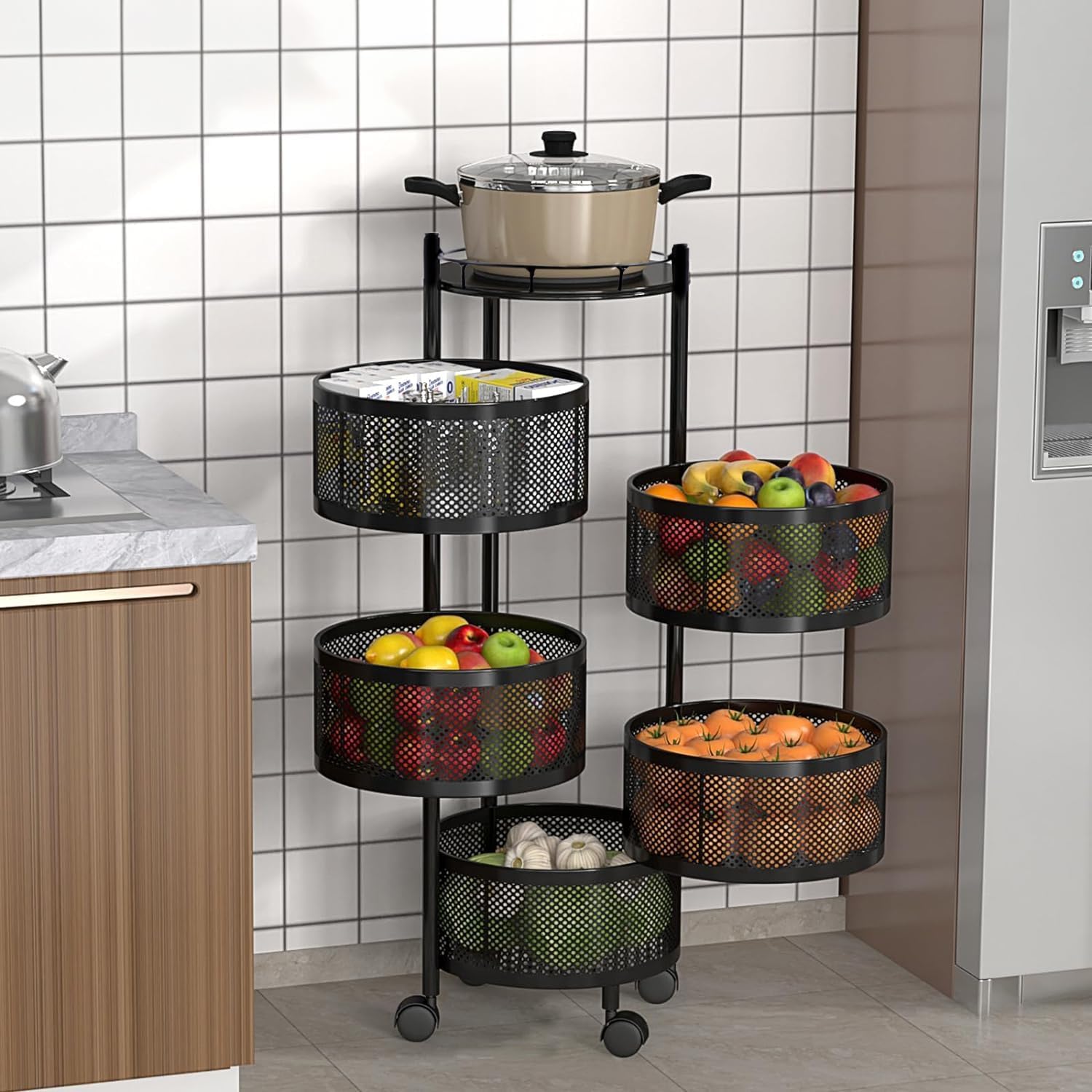 Ganraj 5Layer Round Multipurpose Storage Trolley With Wheels | Rotating Vegetable Kitchen Rack | Kitchen Cabinet Spice Rack | M