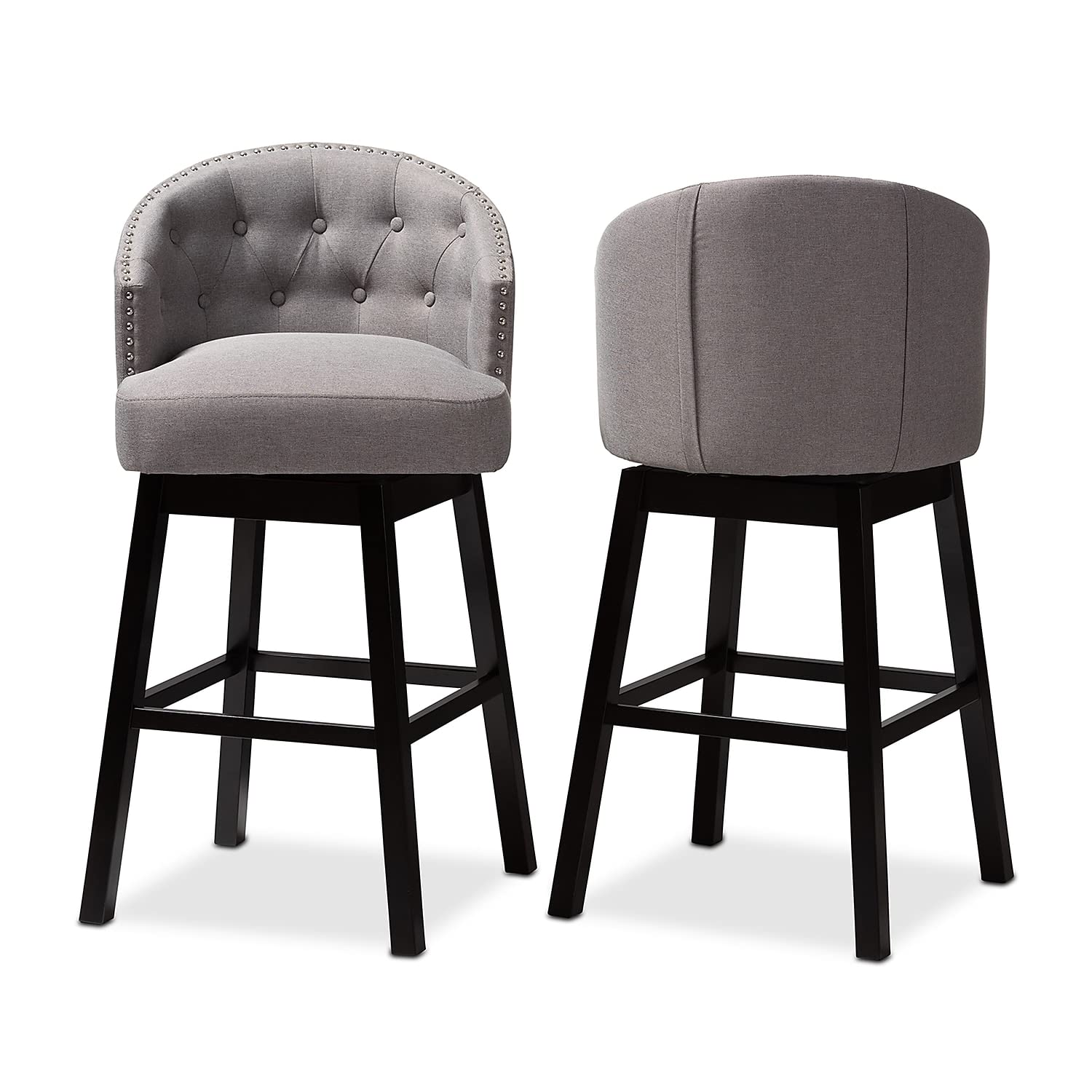 Baxton Studio Theron Traditional Fabric Bar Stool with Back, Gray and Espresso, 2-Pieces (152-2P-9115-HIT)