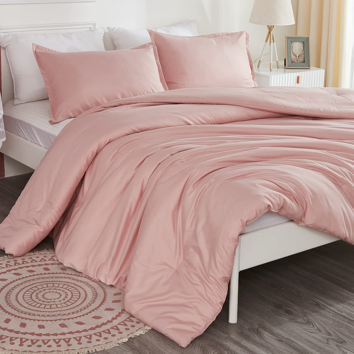Litanika Pink Comforter Set King Size, 3 Pieces Blush Plain Bedding Comforter Set, All Season Bed Set (90X90In Comforter & 2 Pil