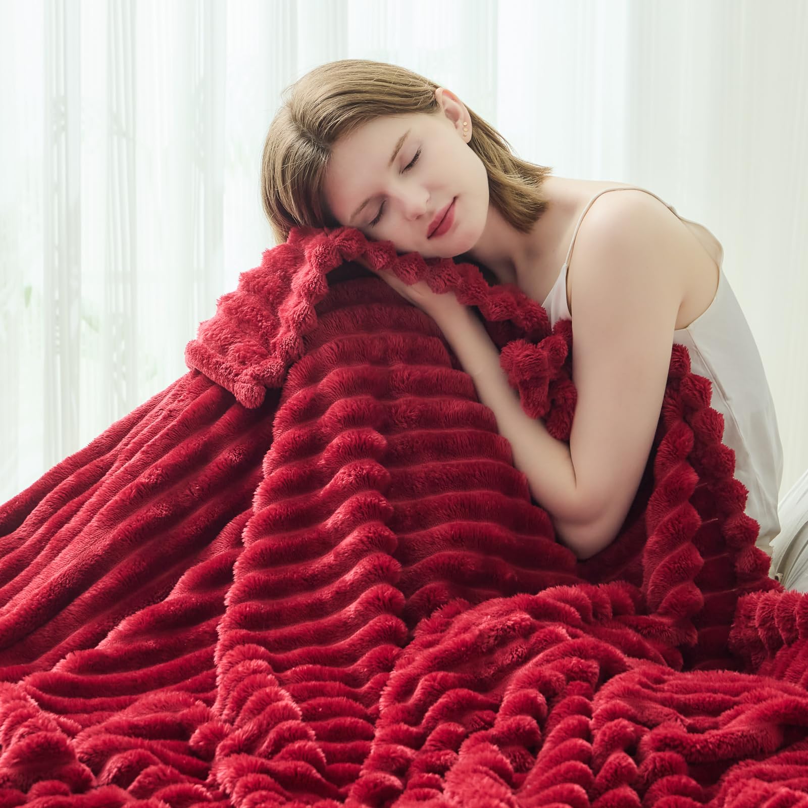 Newcosplay Super Soft Throw Blanket Red Premium Silky Flannel Fleece 3D Ribbed Jacquard Lightweight Bed Blanket All Season Use (