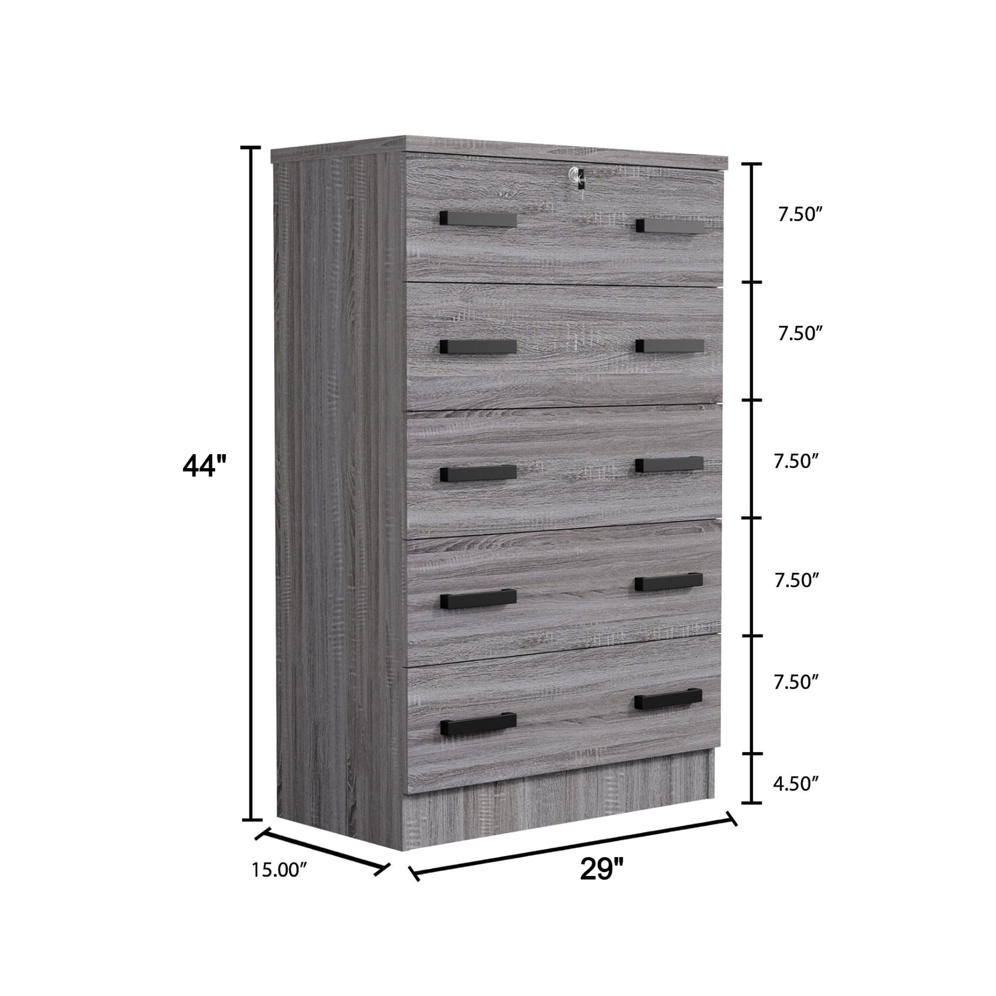 Cindy 5 Drawer Chest Wooden Dresser with Lock (Grey)