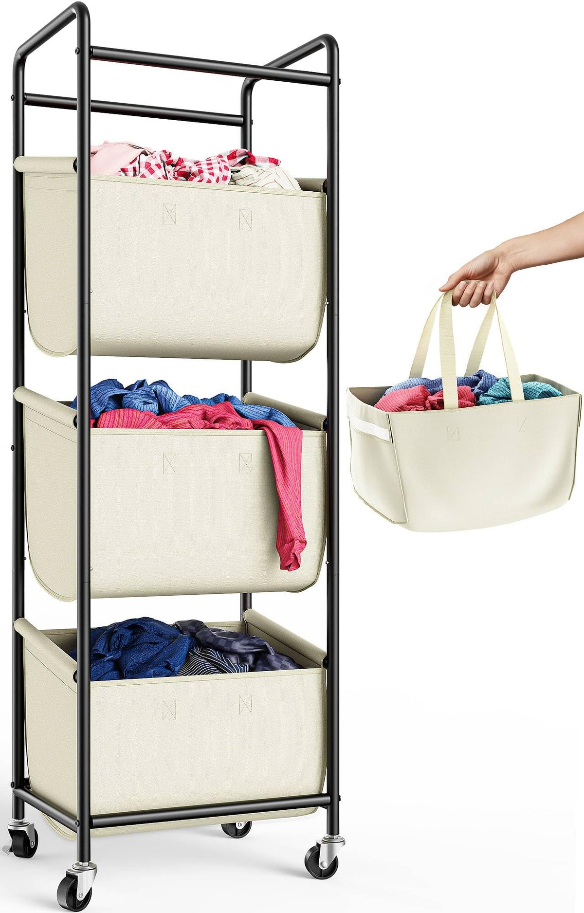 3 Section Laundry Sorter with Removable Bags, 120L Rolling Vertical Laundry Hamper, Stackable Laundry Baskets organizer for Bath