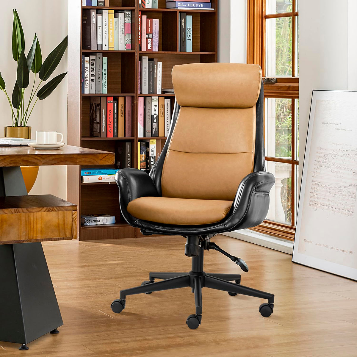 Glitzhome High Back Office Chair,Modern Ergonomic Swivel Office Chair,Adjustable Home Office Desk Chair With Lumbar Support,Blac