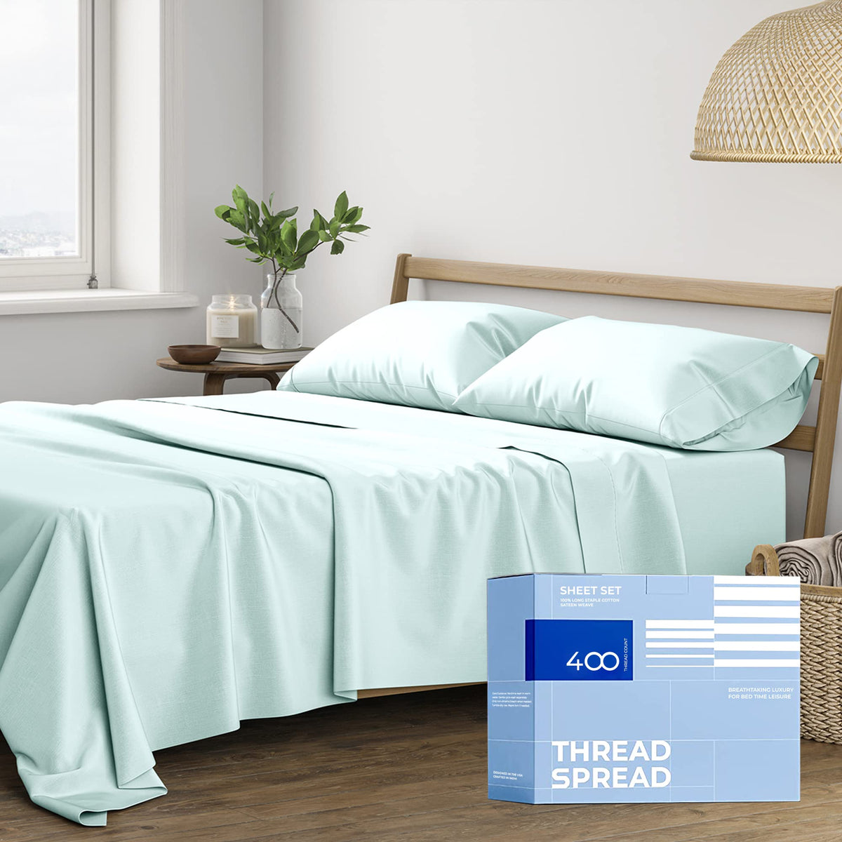 Thread Spread 100% Cotton Sheets For Queen Size Bed - Luxury 400 Thread Count Queen Sheet Set, 4 Piece Sateen Weave Queen Sea Fo