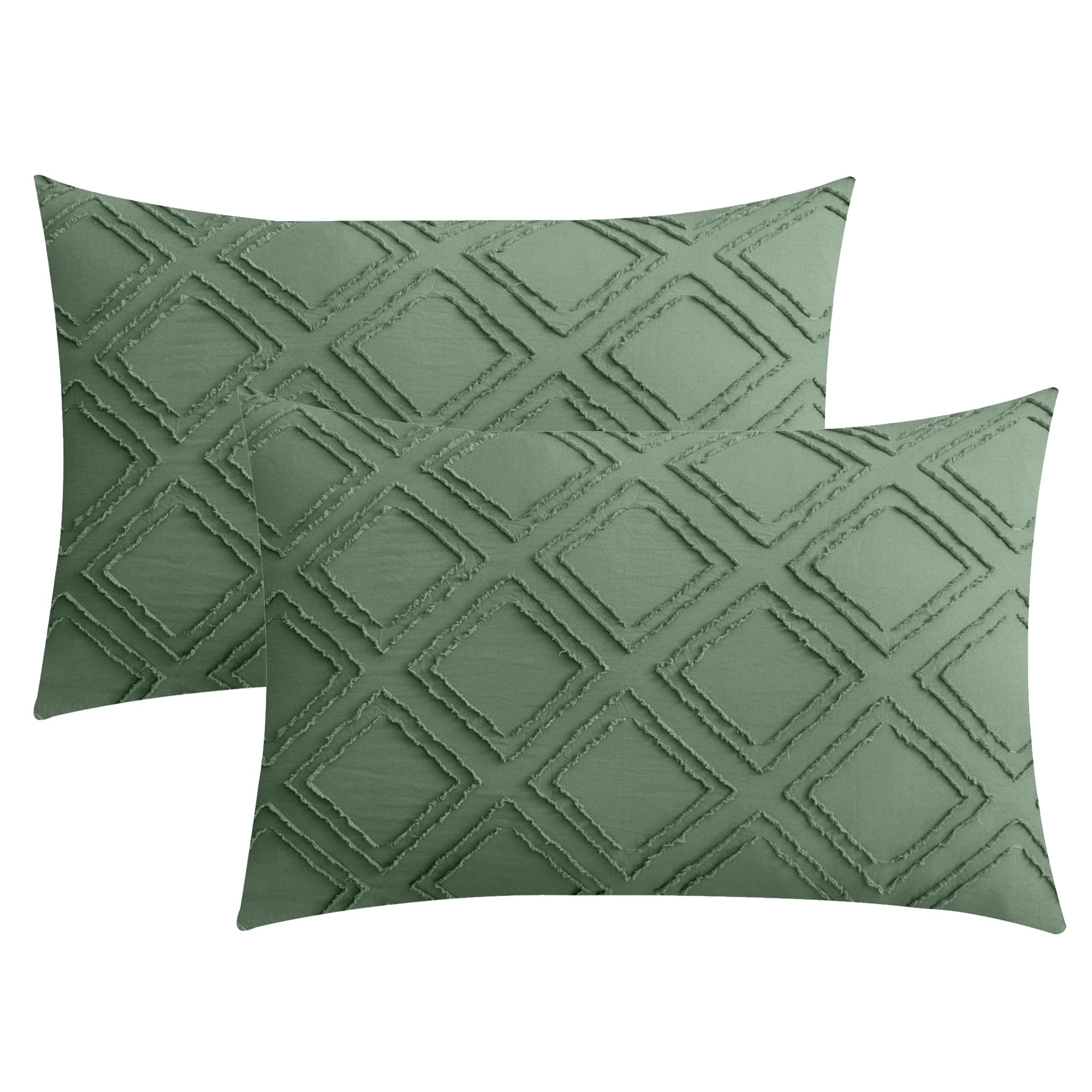 Jellymoni 2 Pack Green Pillowcases King Size, Soft Microfiber Geometric Tufted Pillow Covers With Envelope Closure (Pillows Are