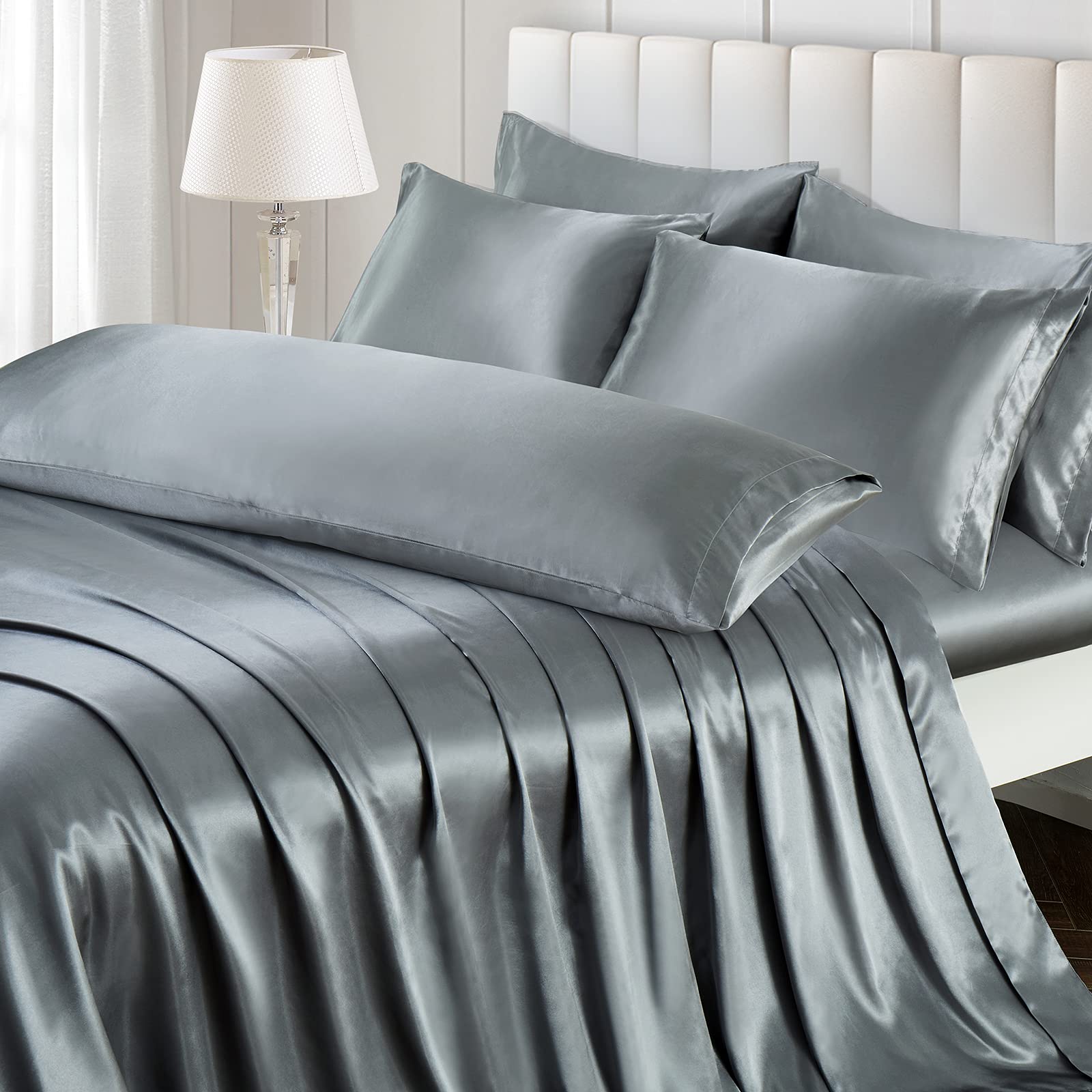 Ersmak 7 Pieces Satin Sheets Set Queen Size, Luxury Silky Grey Satin Bed Sheets Set With 1 Deep Pocket Fitted Sheet, 1 Soft Flat