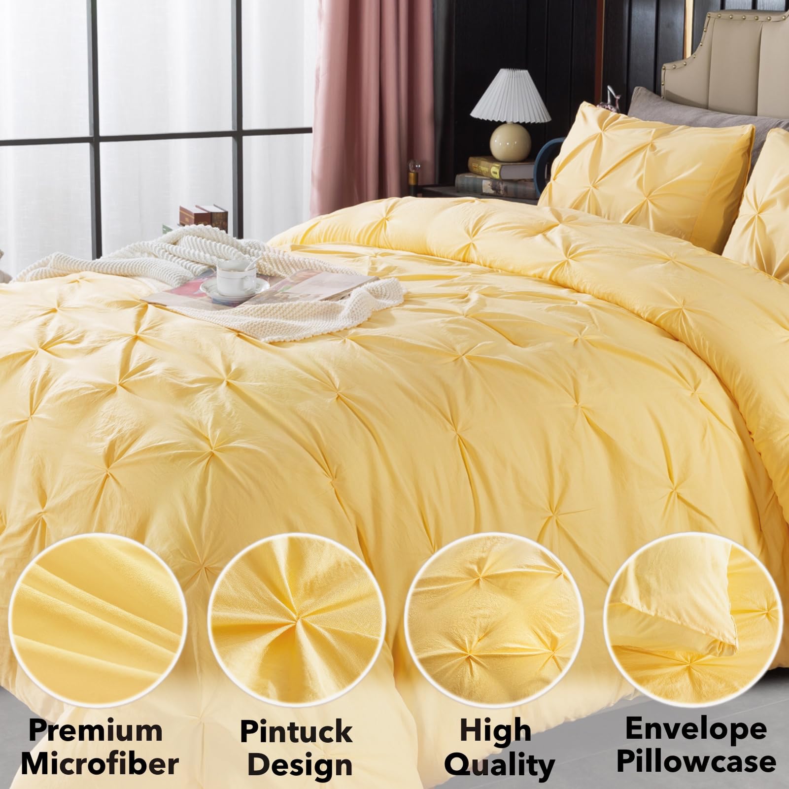 Andency California King Comforter Set Yellow (104X96Inch), Pinch Pleat Cal King Comforter Set 3 Pieces, Oversized King Pintuck Bed Comforter, Microfiber Down Alternative Comforter Bedding Set