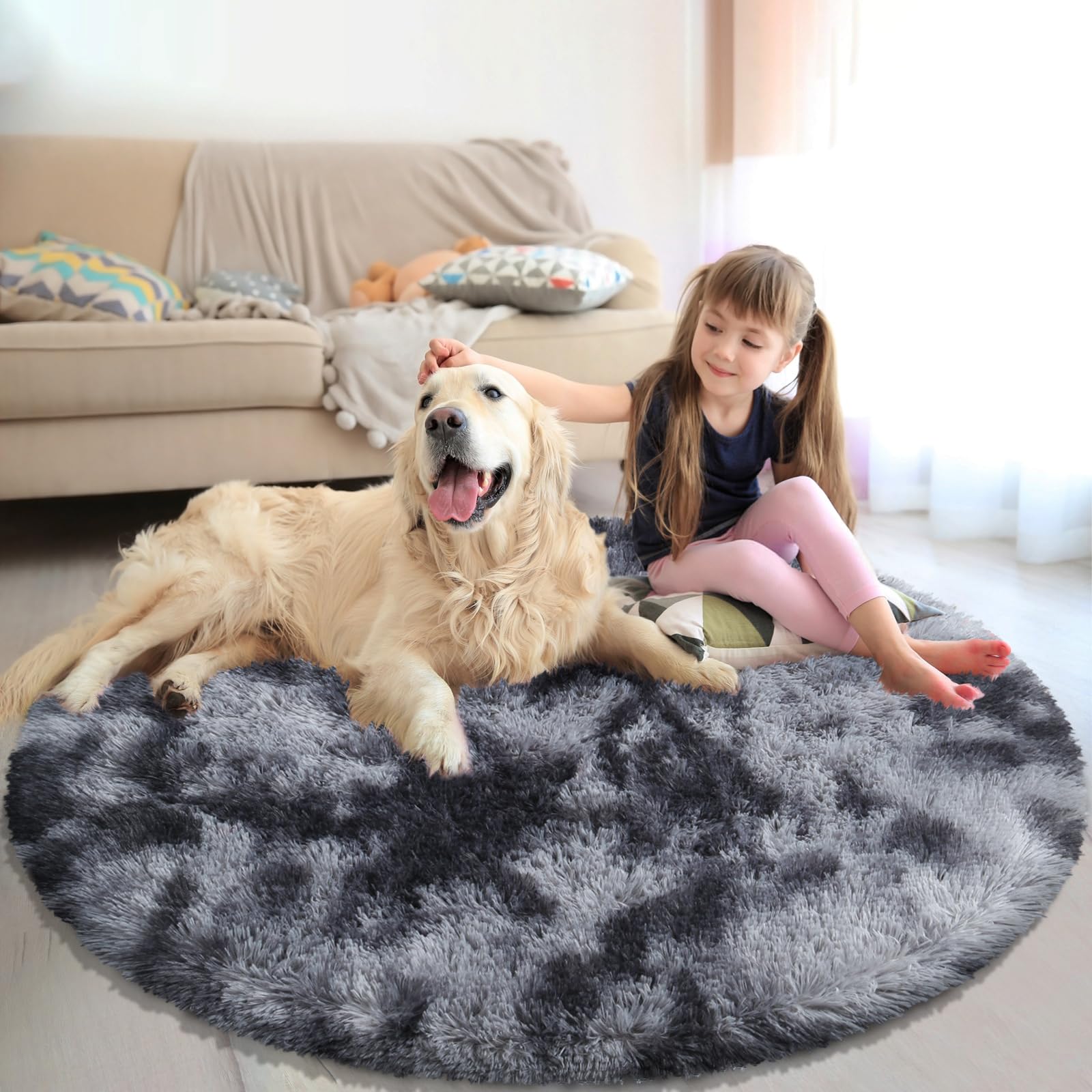 Tie-Dyed Black Fluffy Round Rug,Soft Area Rugs for Girls Room,Shaggy Rugs 3'X3' for Living Room,Non Slip Circle Rug for Kids Bed