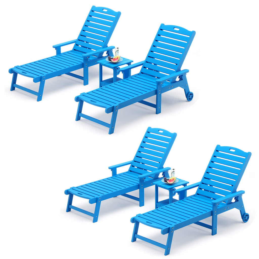 Lue Bona Chaise Lounge Chairs Set With Table, 6-Piece, Hdps Material, 3-Year Warranty, Patio Lounge Chair With Adjustable Backrest, Resin Pool Lounge Chairs With Wheels For Outside, Poolside, Blue