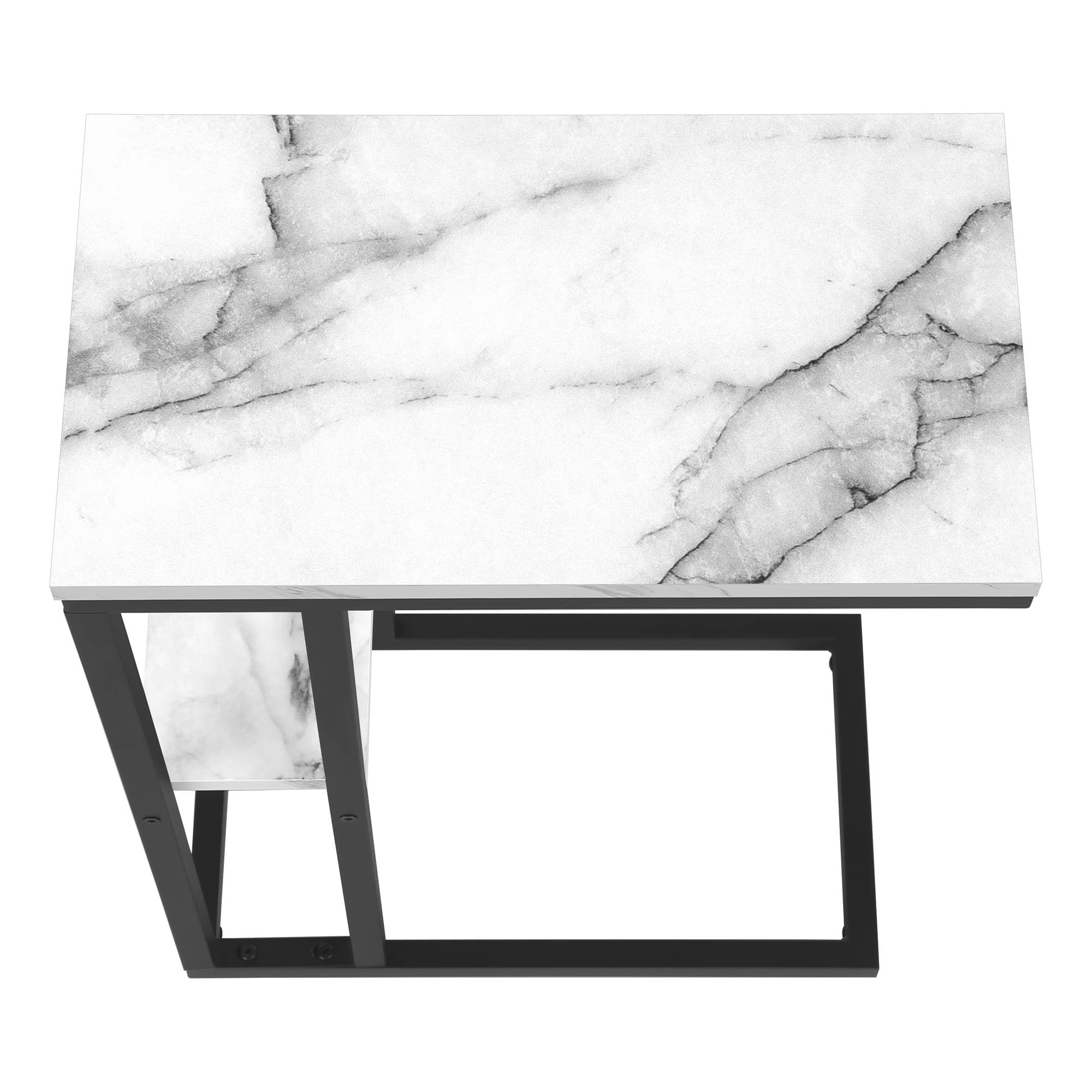 Monarch Specialties 3675 Accent Table, C-shaped, End, Side, Snack, Living Room, Bedroom, Metal, Laminate, White Marble Look, Black, Contemporary, Modern Table-25, 18.25&quot; L x 10.25&quot; W x 25.25&quot; H