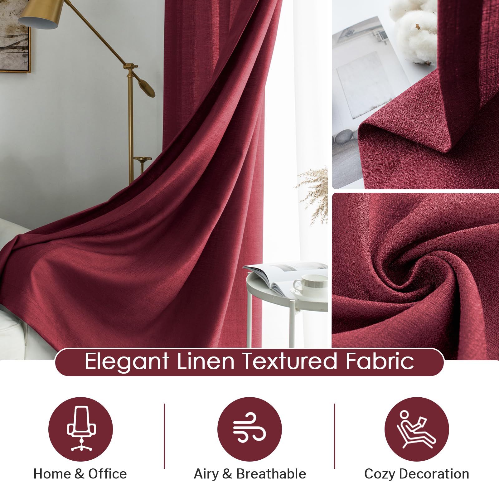 Melodieux Burgundy Semi Sheer Curtains 45 Inch Length For Bedroom Kitchen Small Windows, Linen Look Rod Pocket Privacy Sheer Dra