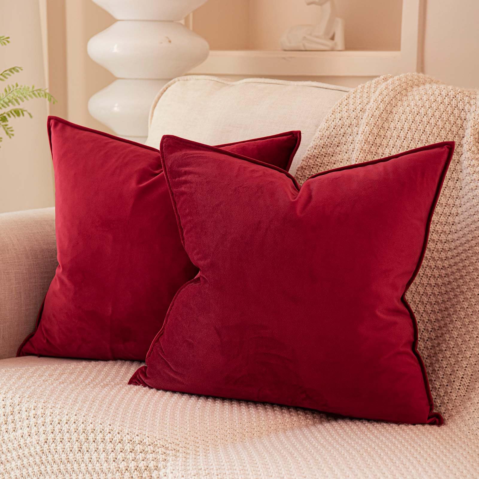 Juspurbet Red Wine Decorative Velvet Throw Pillow Covers 24X24 Inch Set Of 2,Broadside Soft Cushion Case With Invisible Zipper F
