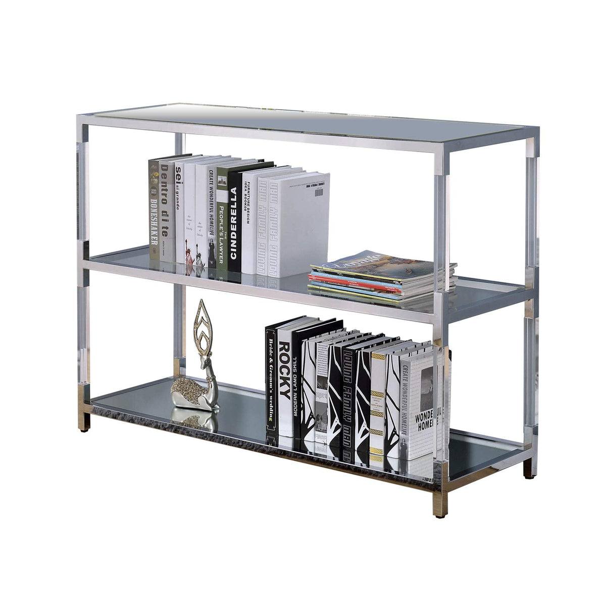 Benjara, Silver And Clear Metal And Glass Sofa Table With Two Open Shelves