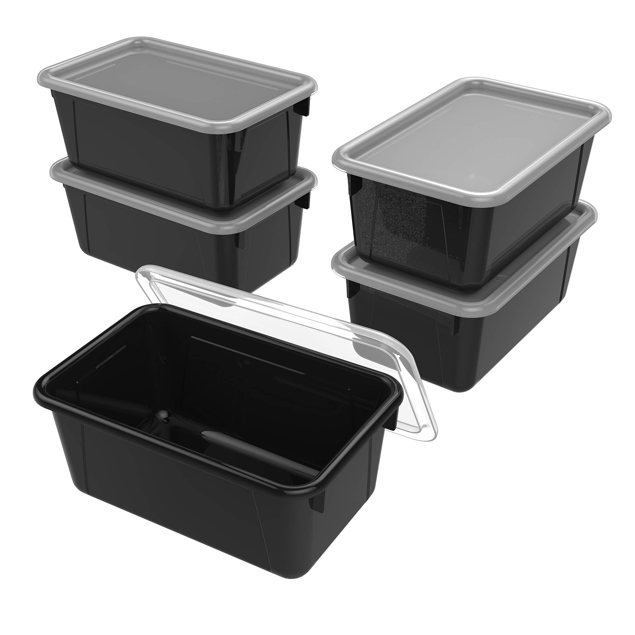 Storex Small Cubby Bins - Plastic Storage Containers for Classroom with Non-Snap Lid, 12.2 x 7.8 x 5.1 inches, Black, 5-Pack (62