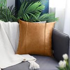BRAWARM Tan Faux Leather Throw Pillow Cover with Piping, Hand Stitched, 18 x 18 Inches