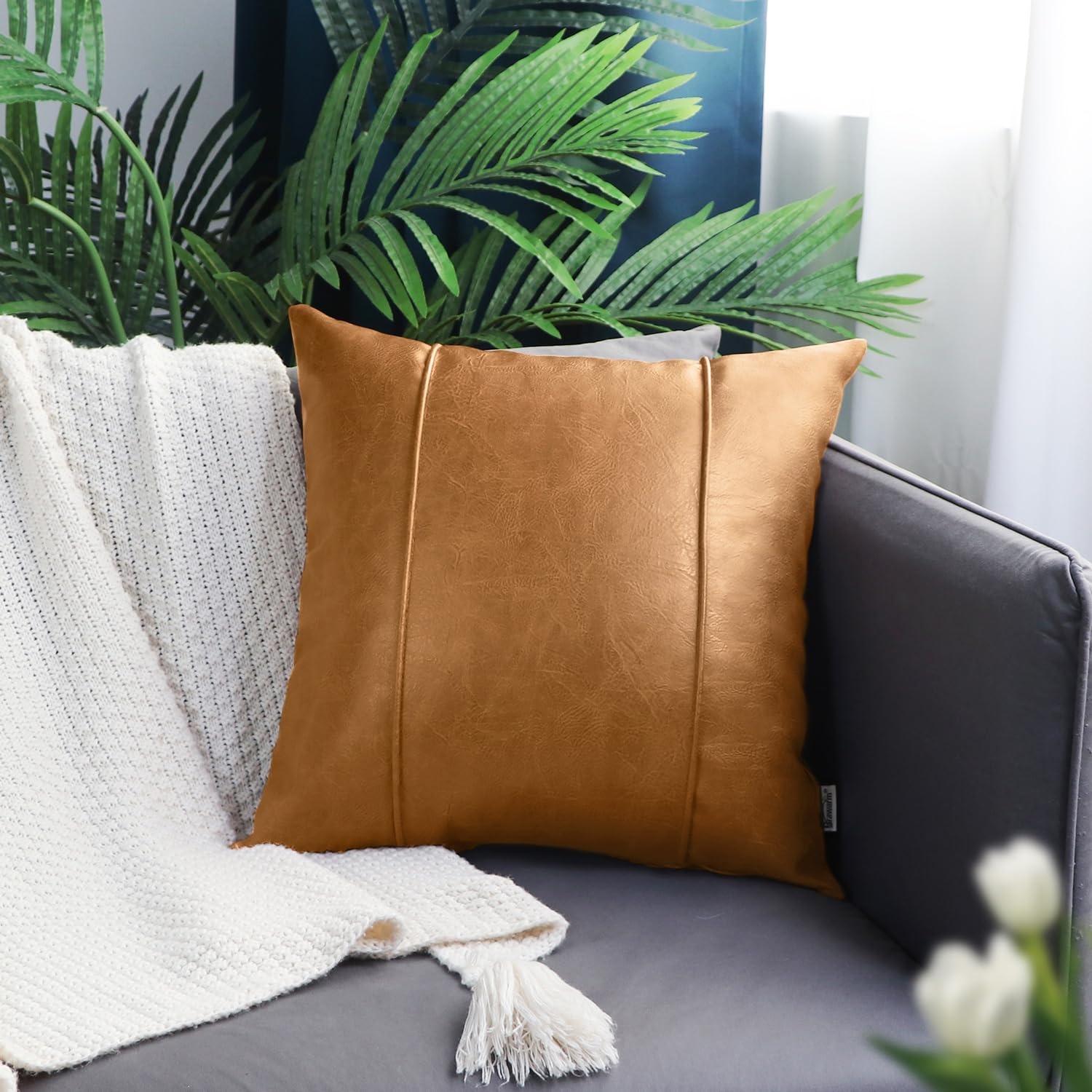 BRAWARM Tan Faux Leather Throw Pillow Cover with Piping, Hand Stitched, 18 x 18 Inches