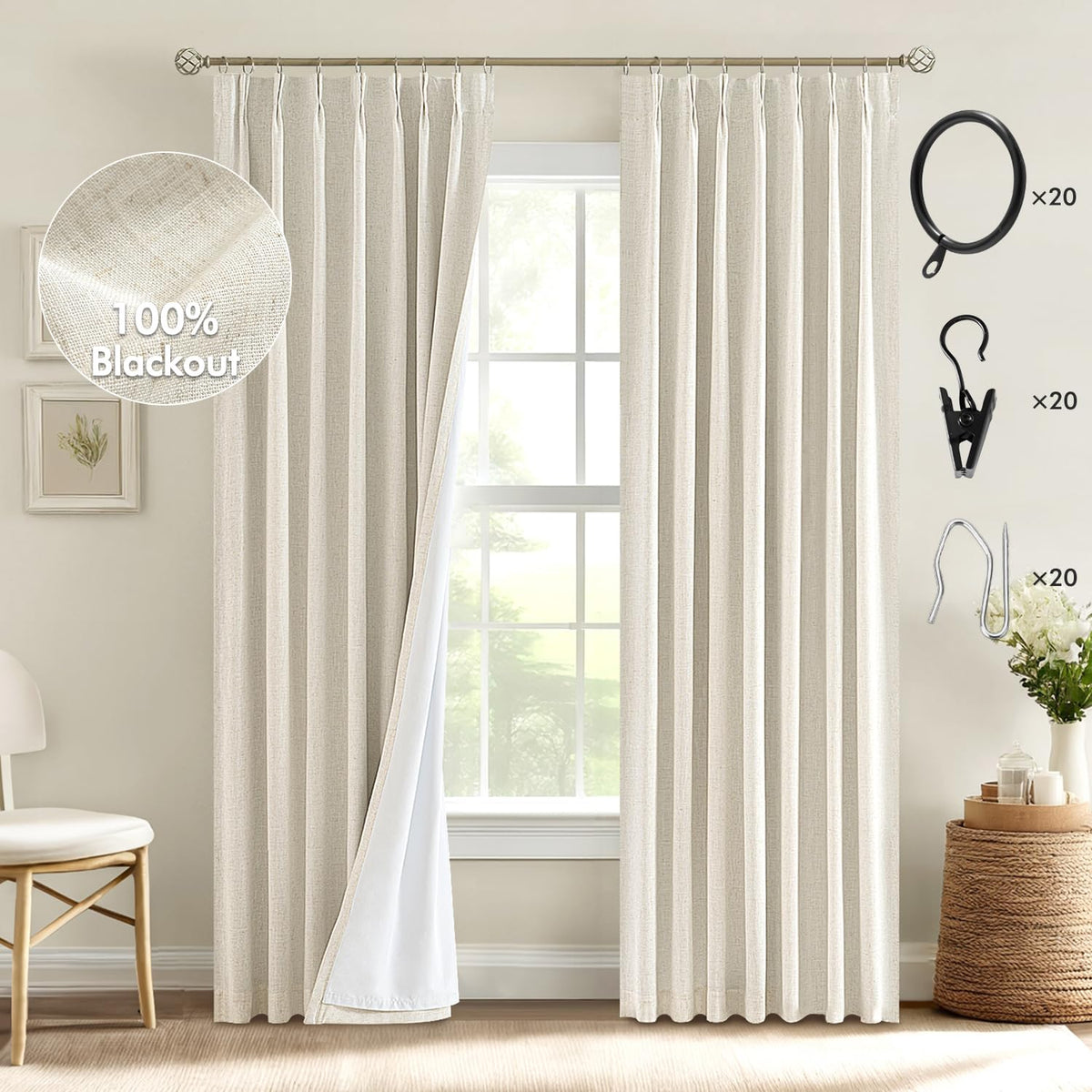 Miulee Tan Beige Pinch Pleated 100% Blackout Linen Curtains 90 Inch Length 2 Panels Set, Pleat Curtains With Pin Hooks, Black Ou