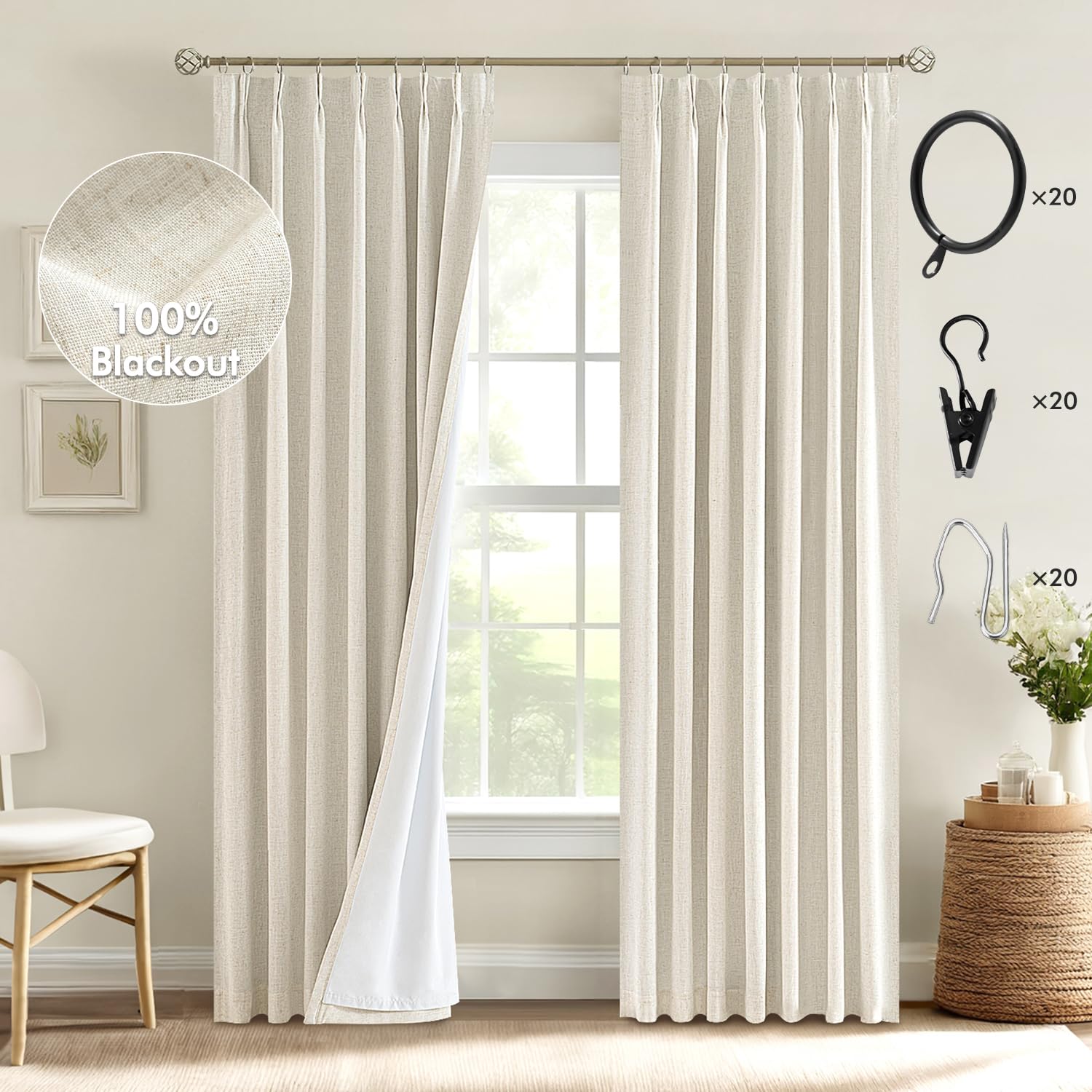 MIULEE Tan Beige Pinch Pleated 100% Blackout Linen Curtains for Bedroom, Room Darkening Light Blocking Window Curtains 63 inches