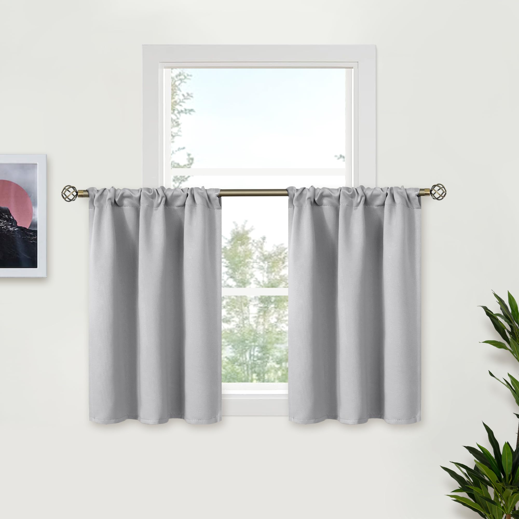 Bgment Small Half Window Curtains 30 Inches Length For Kitchen Over Sink - Rod Pocket Short Drapes For Cafe Bathroom Basement Rv Camper Privacy Decorative, Light Grey, 2 Panels, 29 X 30 Inch