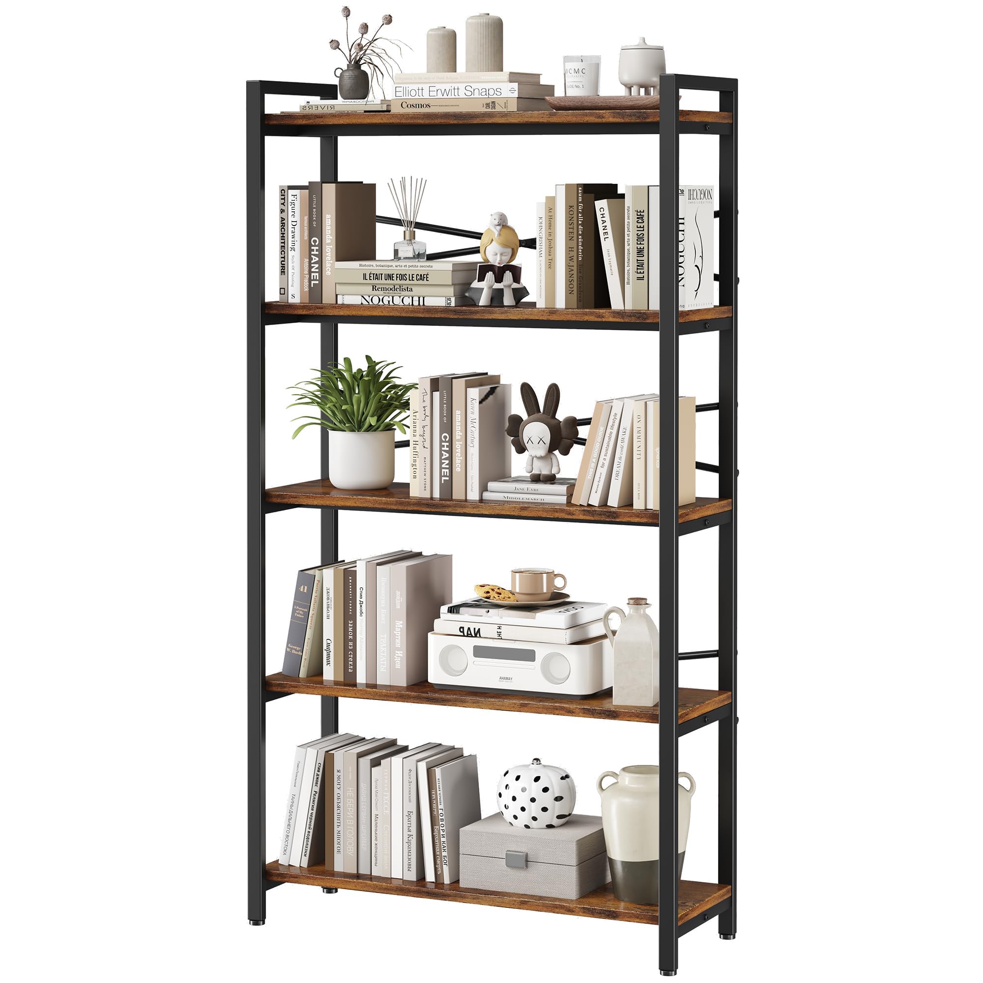 5 Tier Bookshelf 31.49'' Width, Book Organizers And Storage, Wood And Metal Tall Bookcase, Rustic Book Shelf Organization And St