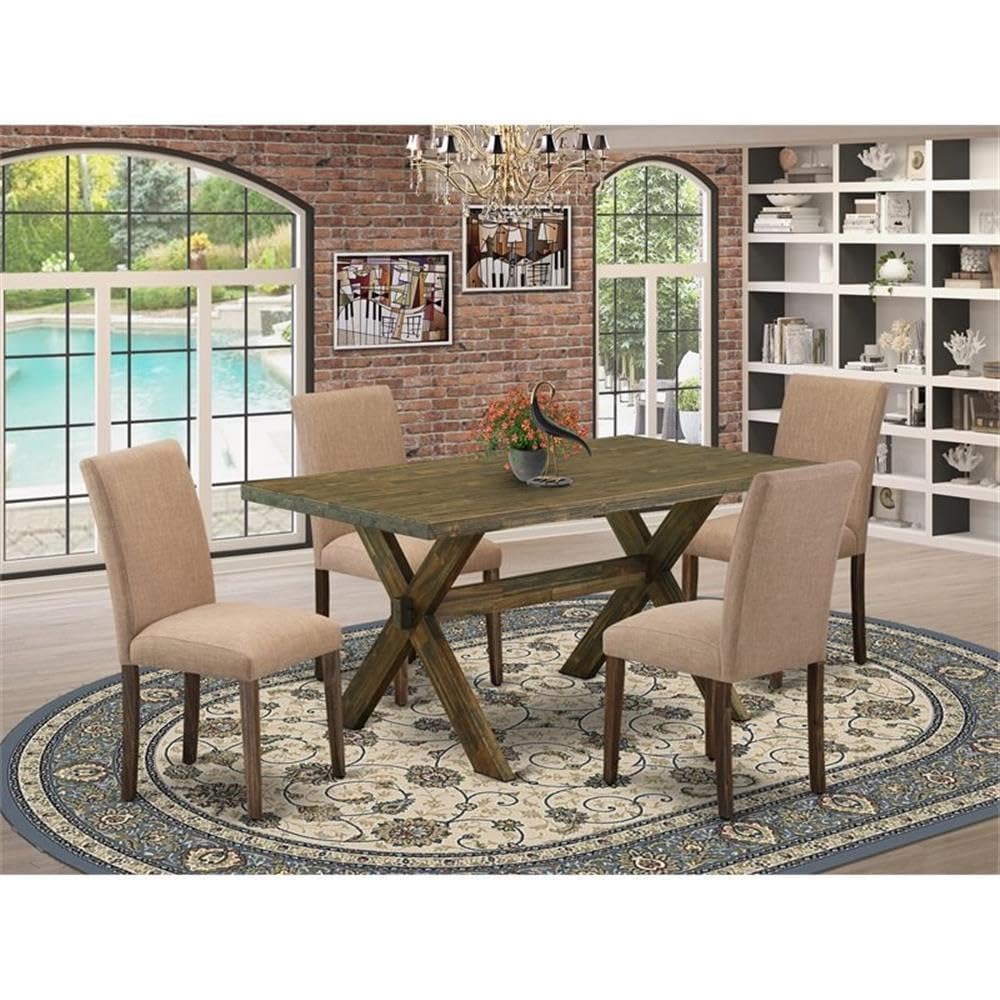 East West Furniture X776Ab747-5 5 Piece Kitchen Table Set Includes A Rectangle Dining Table With X-Legs And 4 Light Sable Linen Fabric Parson Dining Room Chairs, 36X60 Inch, Multi-Color