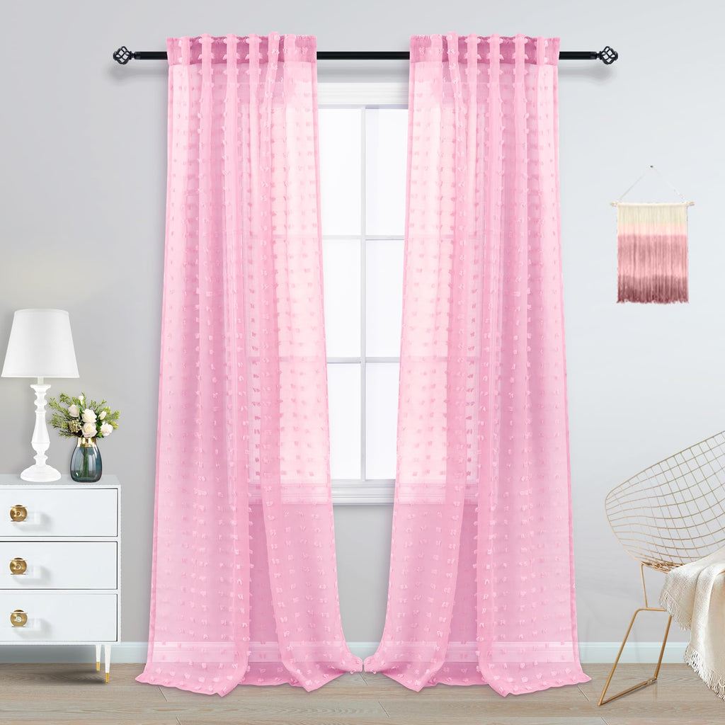 Koufall Pink Back Tab Rod Pocket Pom Pom Sheer Curtains,8 Ft 52X96 Length